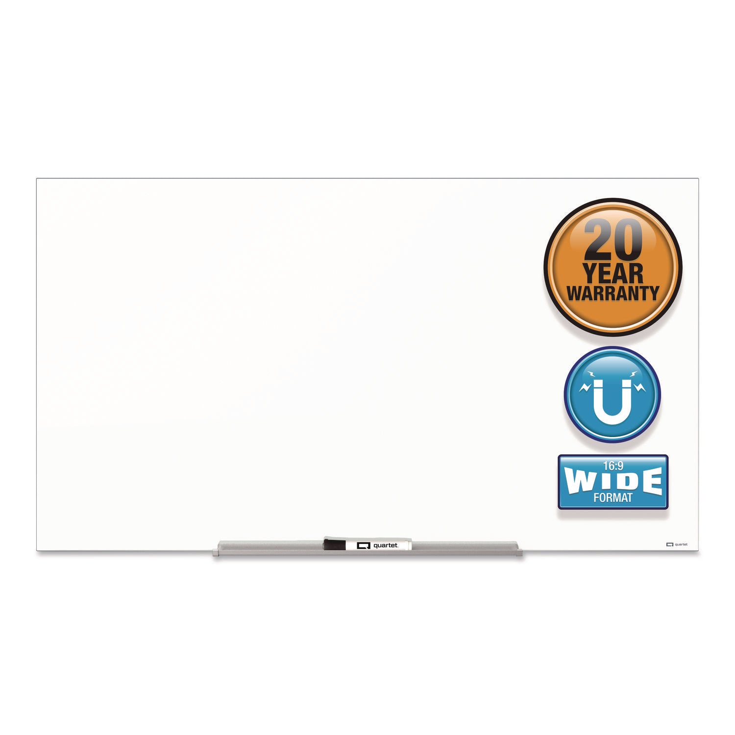 Quartet InvisaMount Magnetic Glass Dry-Erase Board, 74" x 42", White Tempered Glass, Horizontal, Magnetic, Frameless, Includes Marker Tray, 1 Dry Erase Marker, 2 Magnets, 1 Each