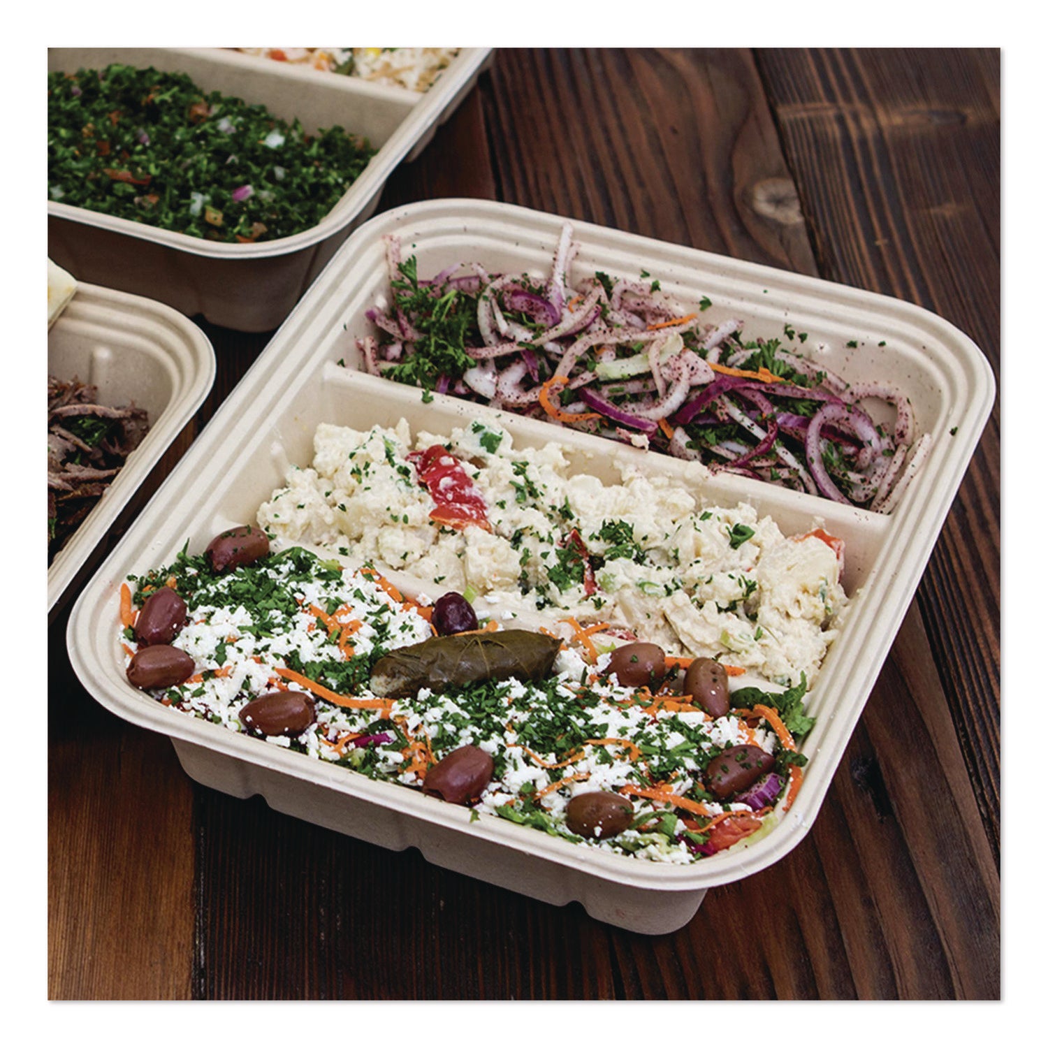 Fiber Catering Pans, 3 Compartments, 10.3 x 2.8 x 12.8, Paper, Natural, 200/Carton