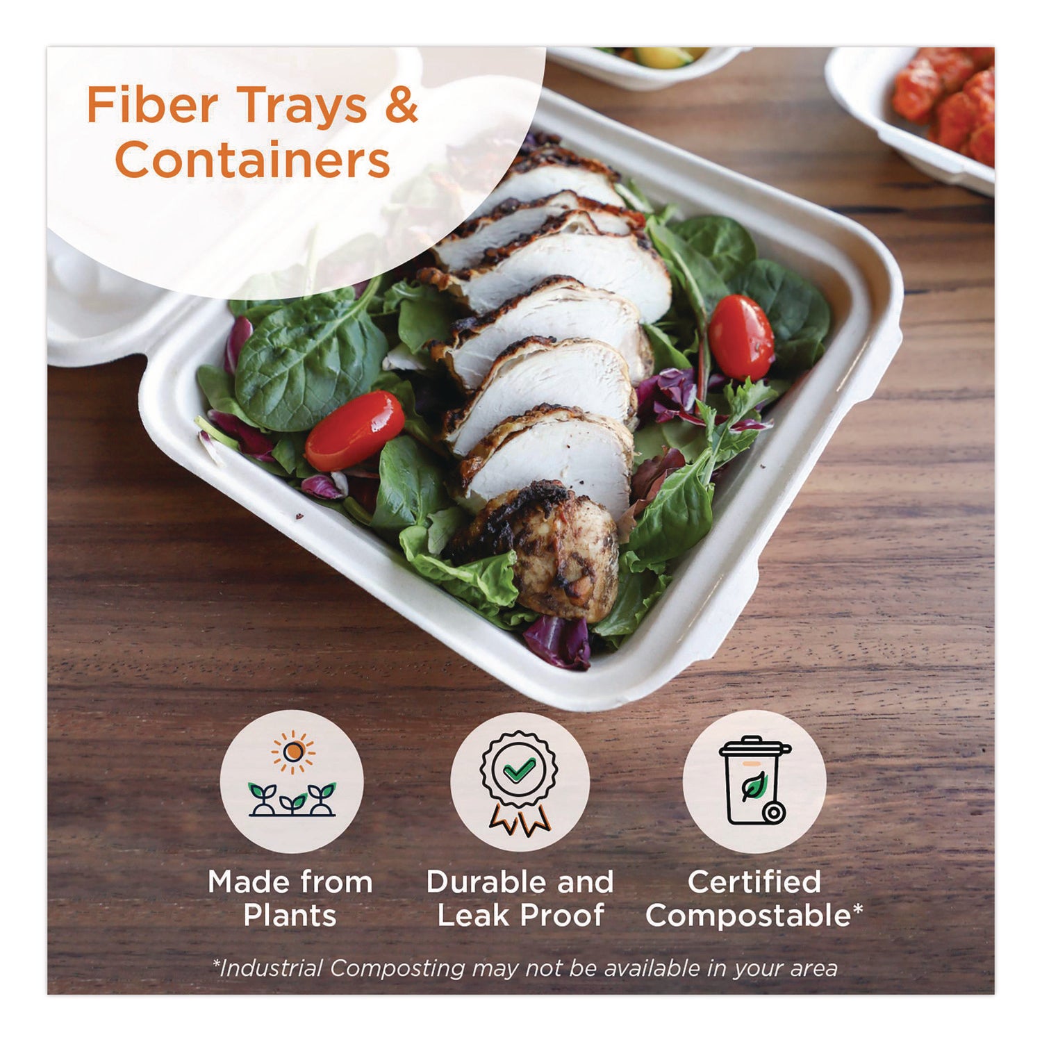 Fiber Catering Pans, 3 Compartments, 10.3 x 2.8 x 12.8, Paper, Natural, 200/Carton