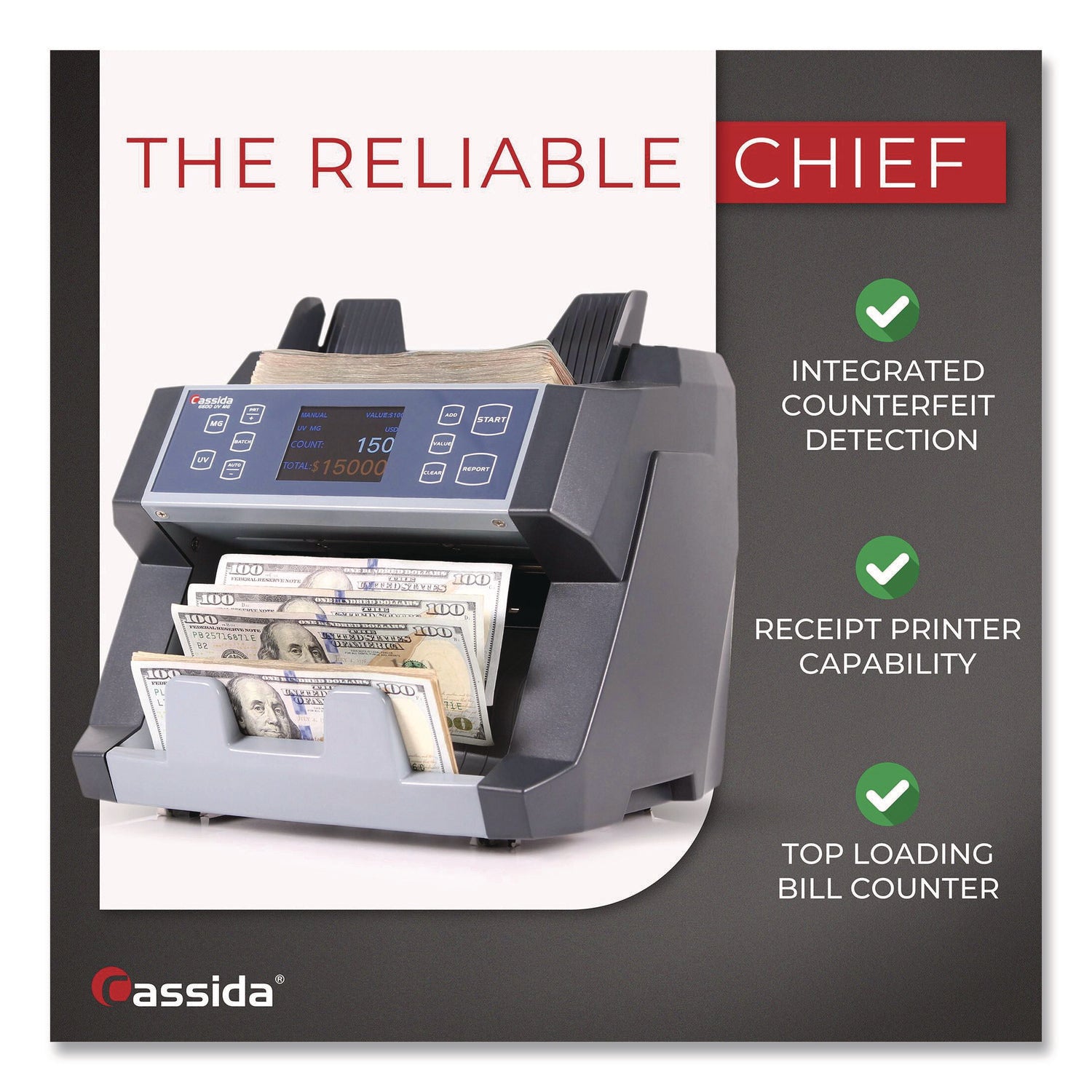 6600 UV/MG Top Loading Bill Counter, 1,400 Bills/min, 10.2 x 11 x 8.1, Gray