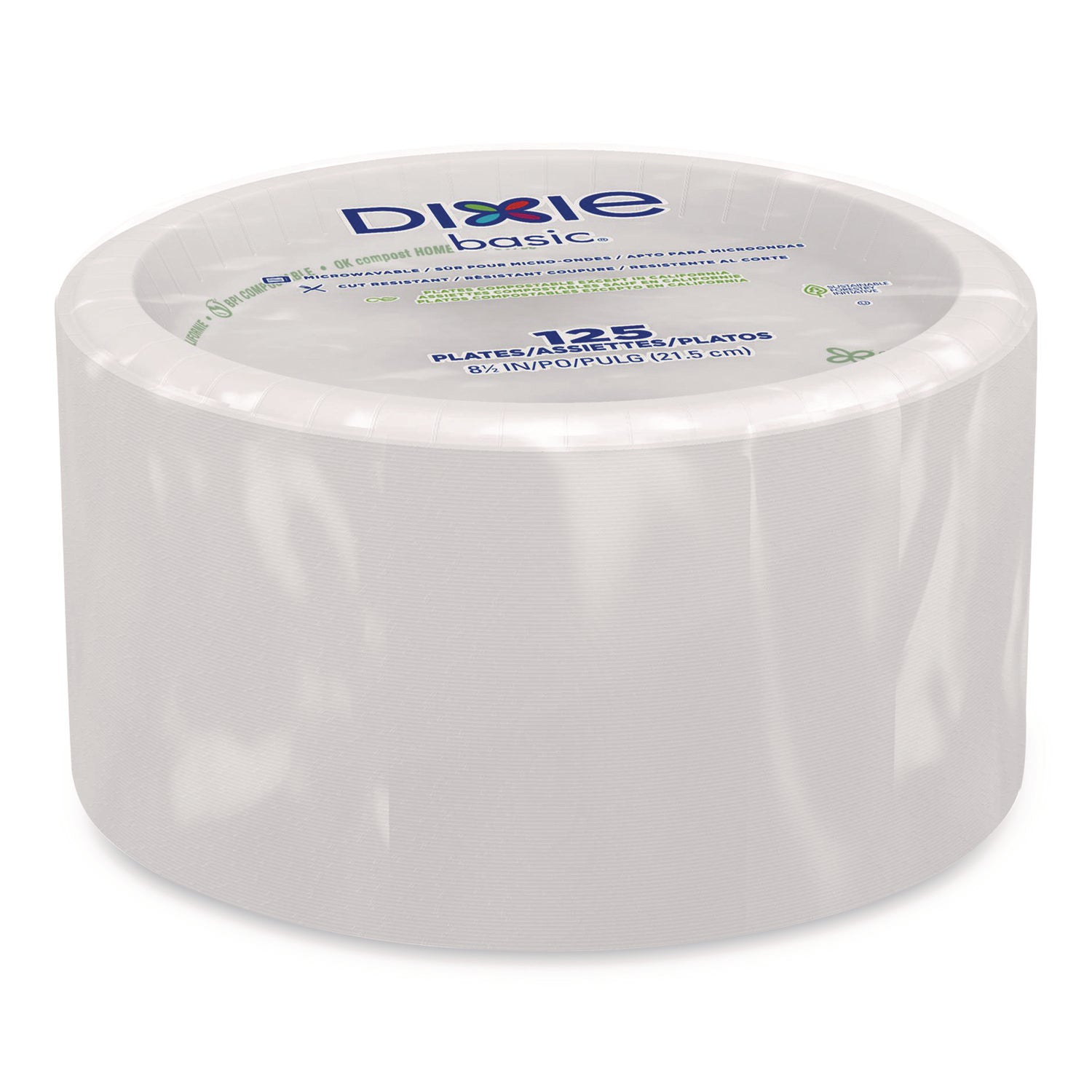 Dixie Basic 8.5" Lightweight White Paper Plates, Microwave Safe, Cut and Soak Resistant, 125 Pack