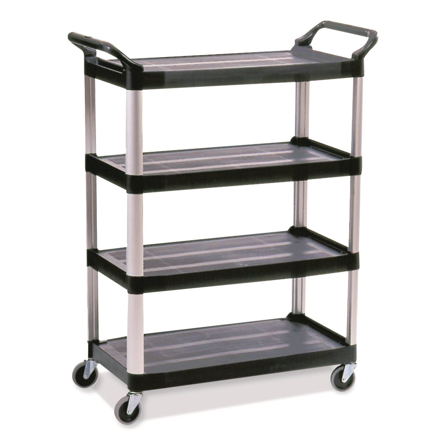 Xtra Utility Cart with Open Sides, Plastic, 4 Shelves, 400 lb Capacity, 40.63" x 20" x 51", Black