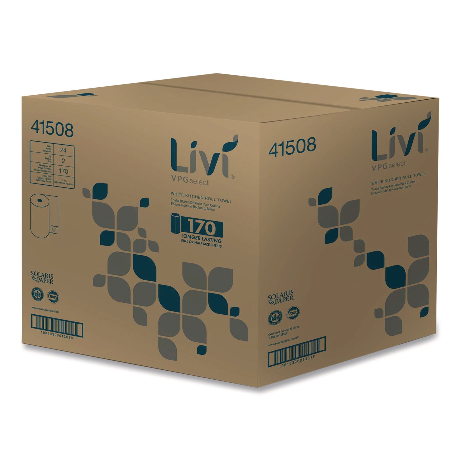 Livi VPG Select Kitchen Paper Towels - 2 Ply - 5" Width x 11" Length - 170 Sheets/Roll - 1 49/64" Core - Wheel Embossed - Bright White - Virgin Fiber, Paper - 170 Sheets/Roll - 1 Each