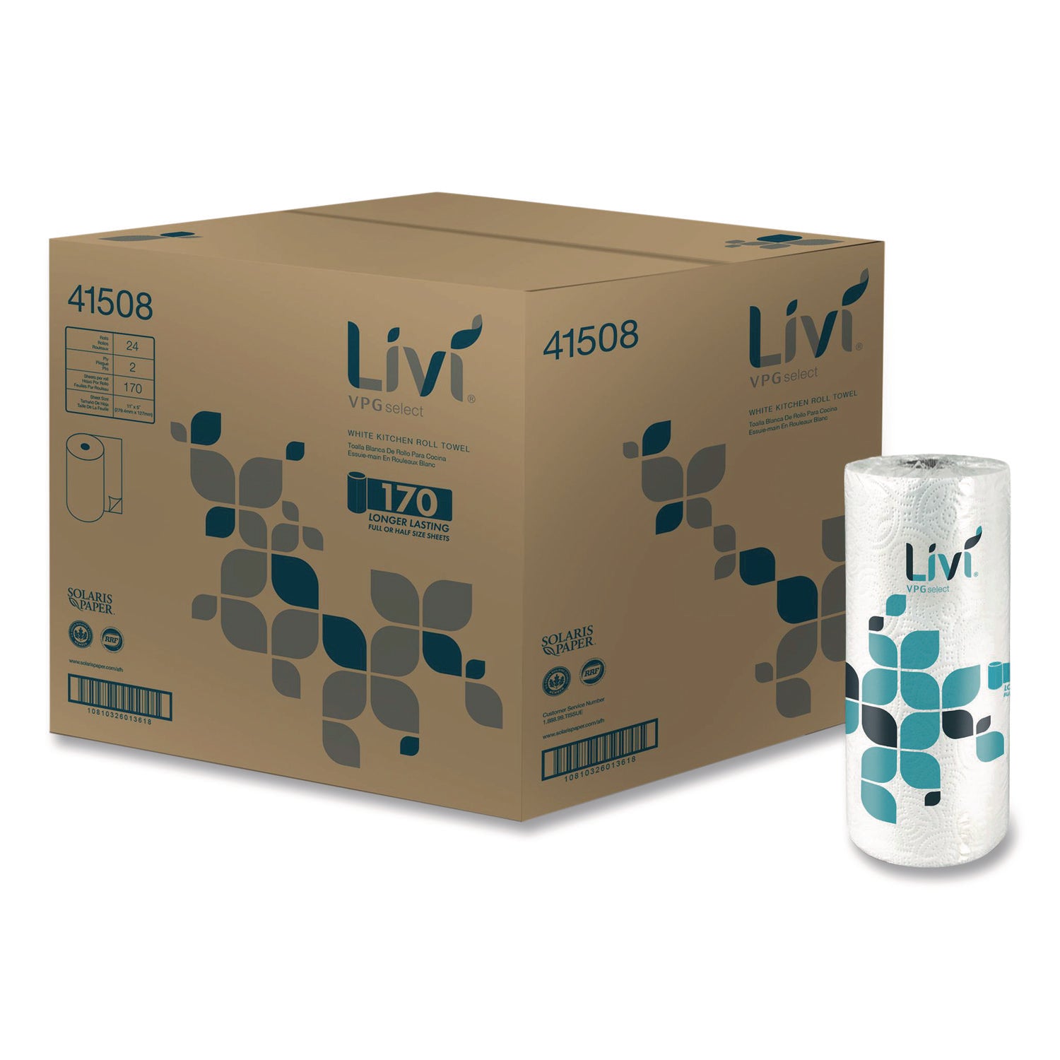 Livi VPG Select Kitchen Paper Towels - 2 Ply - 5" Width x 11" Length - 170 Sheets/Roll - 1 49/64" Core - Wheel Embossed - Bright White - Virgin Fiber, Paper - 170 Sheets/Roll - 1 Each