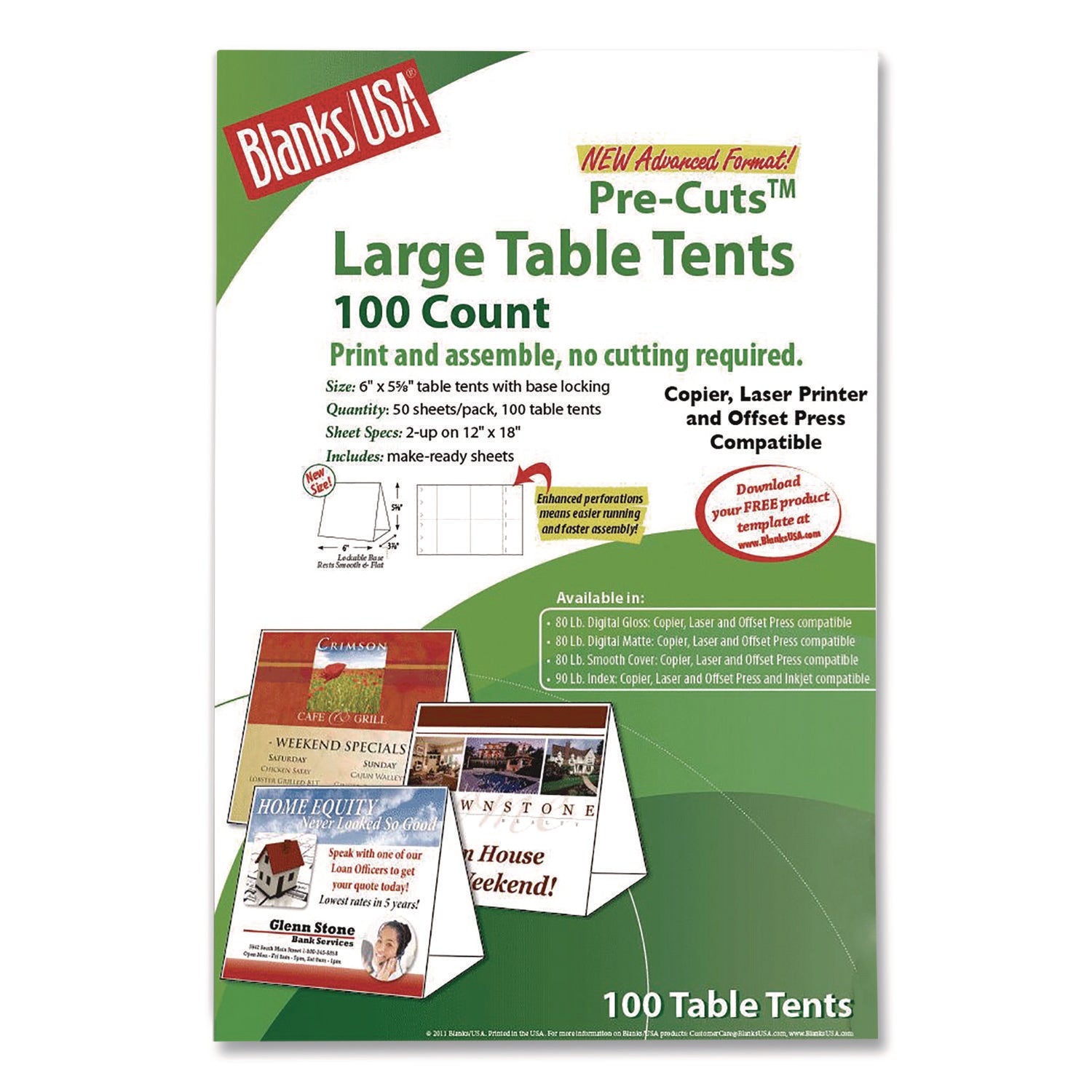 Table Tent, 80 lb Cover Weight, 12 x 18, White, 2 Tents/Sheet, 50 Sheets/Pack