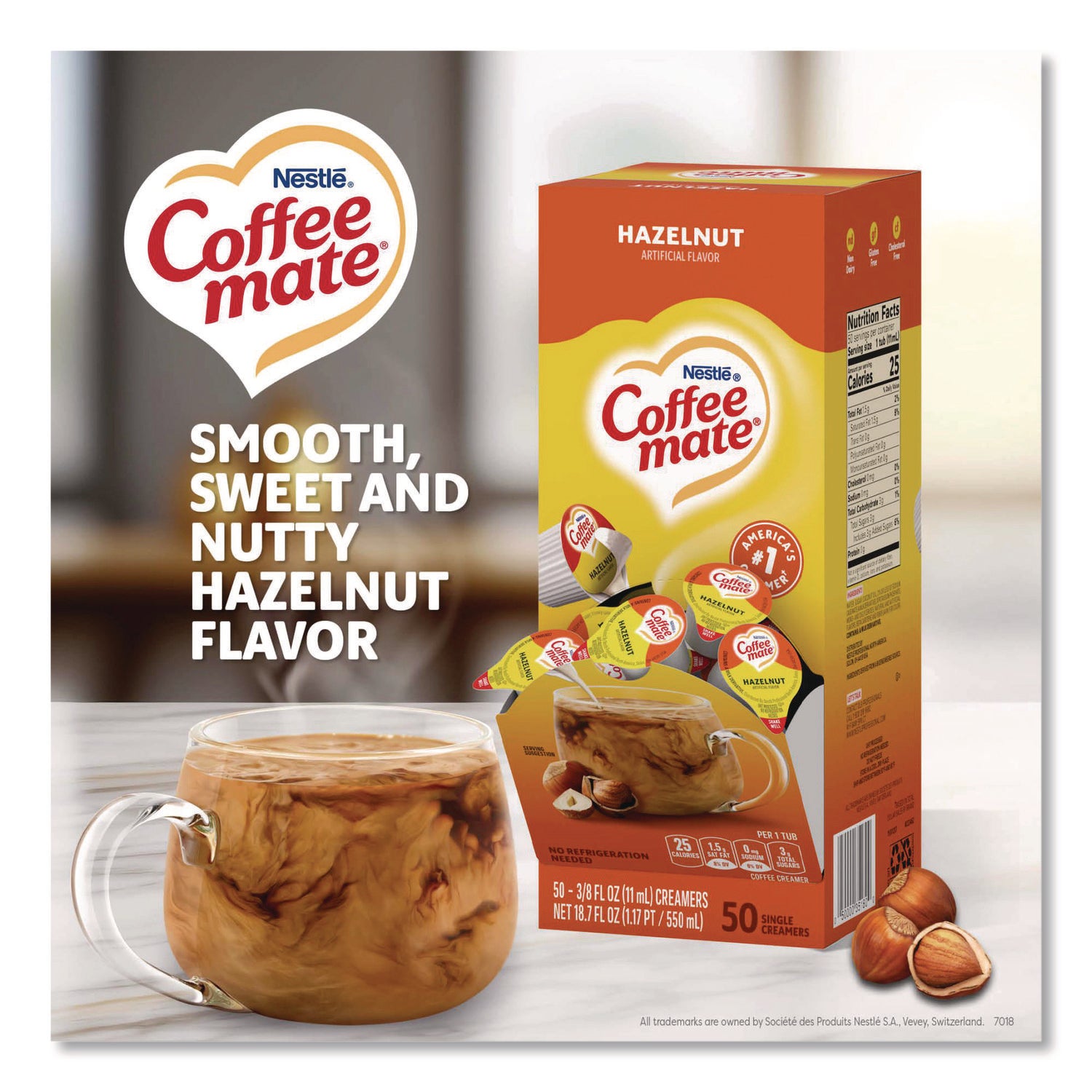 Liquid Coffee Creamer, Hazelnut, 0.38 Oz Mini Cups, 50/box