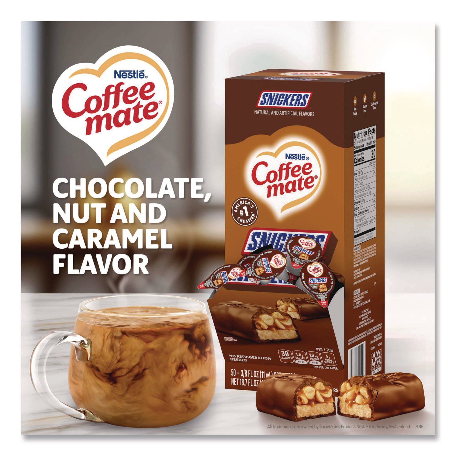 Liquid Coffee Creamer, Snickers, 0.38 oz Mini Cups, 50/Box