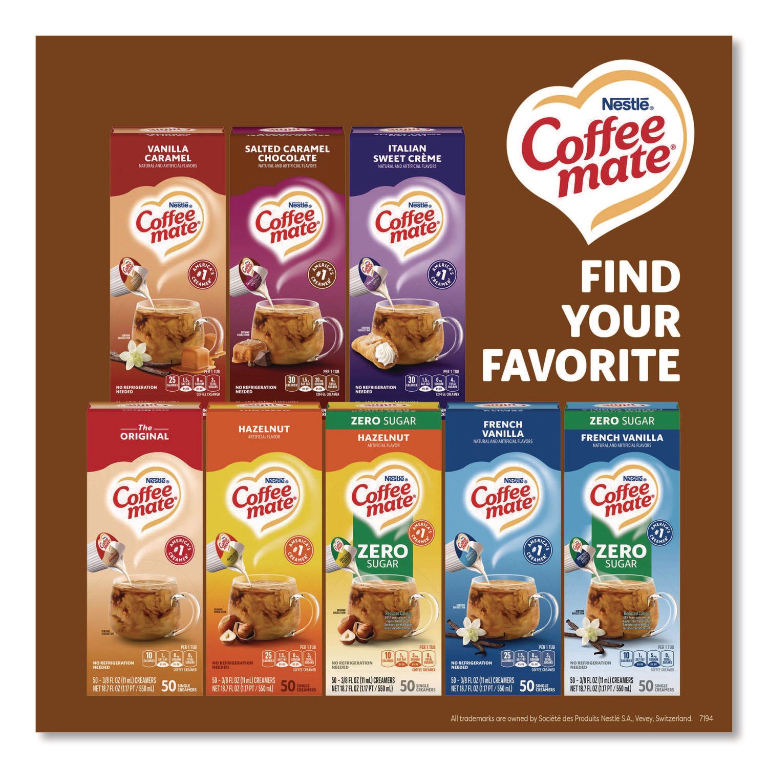 Liquid Coffee Creamer, Snickers, 0.38 oz Mini Cups, 50/Box