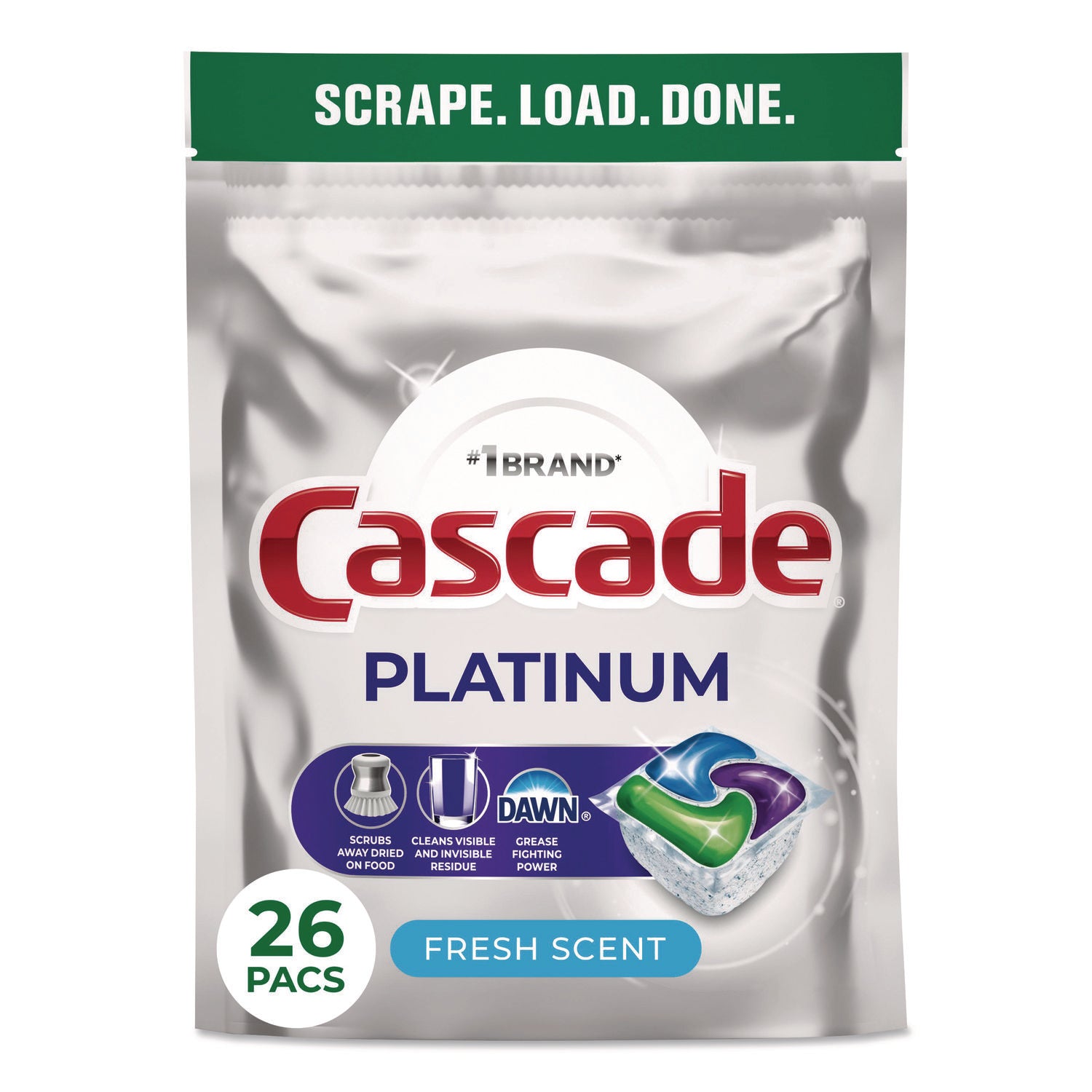 Cascade Platinum ActionPacs - For Glassware, Dish, Dishwasher - Pod - Recommended For: Residue Remover, Dried-on Food Remover - Enzyme Activated - Silver - 26 - 1 Each