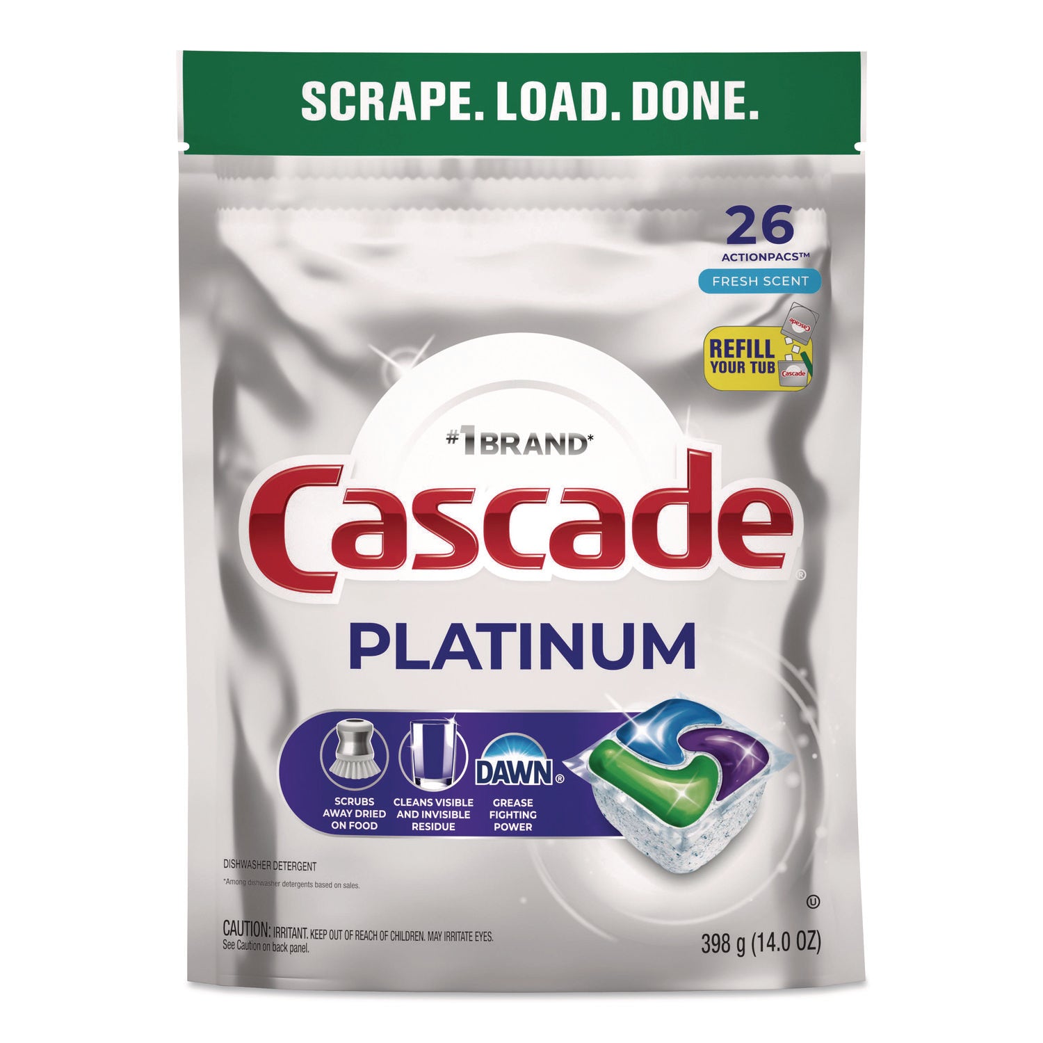 Cascade Platinum ActionPacs - For Glassware, Dish, Dishwasher - Pod - Recommended For: Residue Remover, Dried-on Food Remover - Enzyme Activated - Silver - 26 - 1 Each