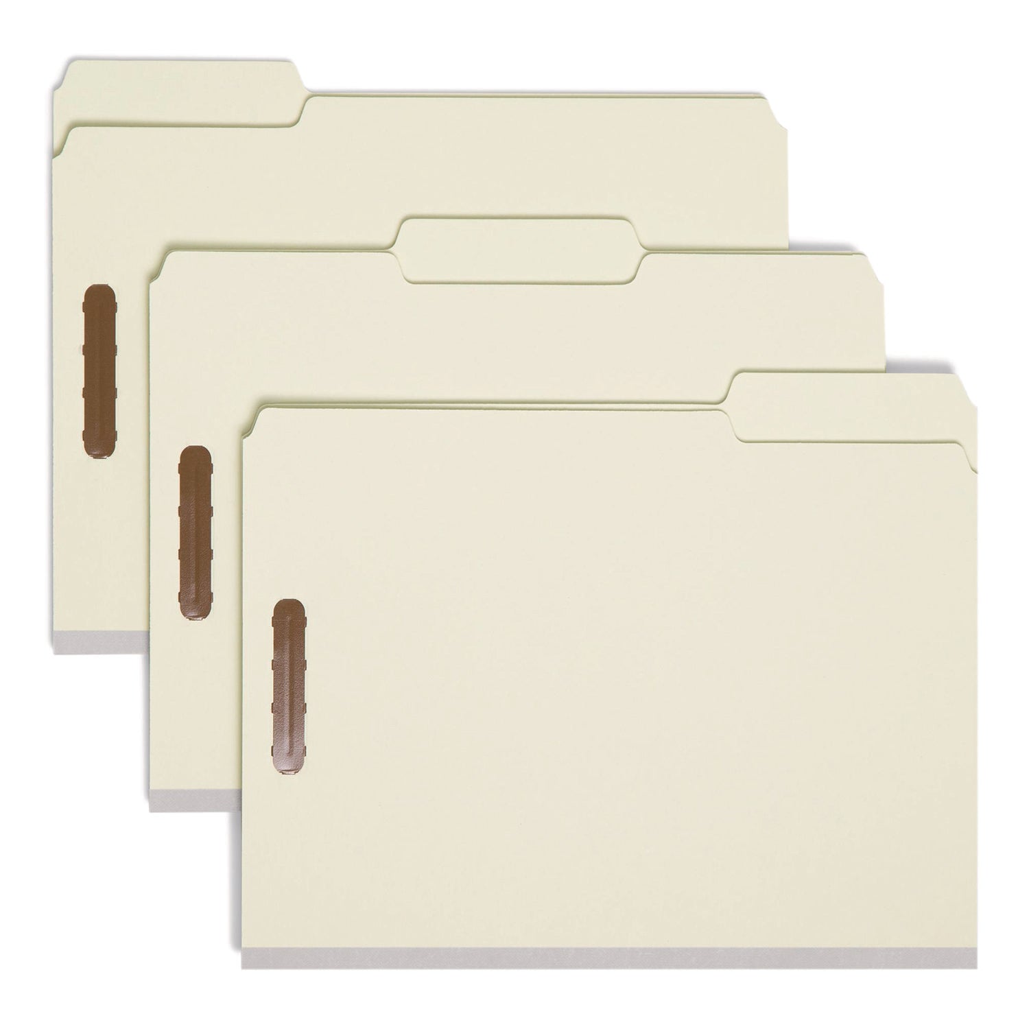 Smead 1/3 Tab Cut Letter Size Recycled Fastener Folders, 8.5" x 11", 1" Expansion, 2 x 2" Fasteners, Assorted Top Tabs, Pressboard, Gray/Green, Tear Resistant Gusset, 25/Box