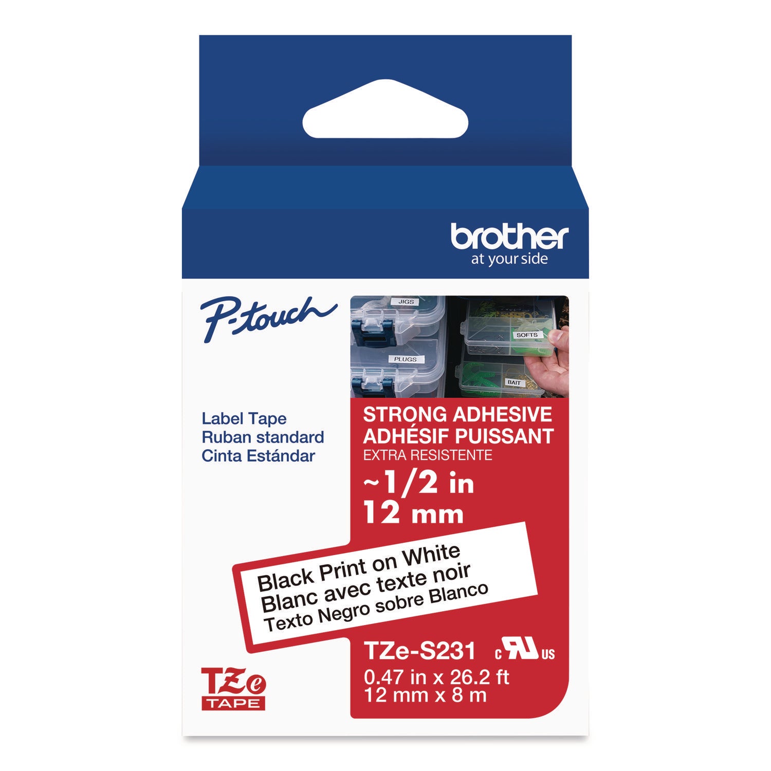 Tze Extra-Strength Adhesive Laminated Labeling Tape, 0.47" X 26.2 Ft, Black On White