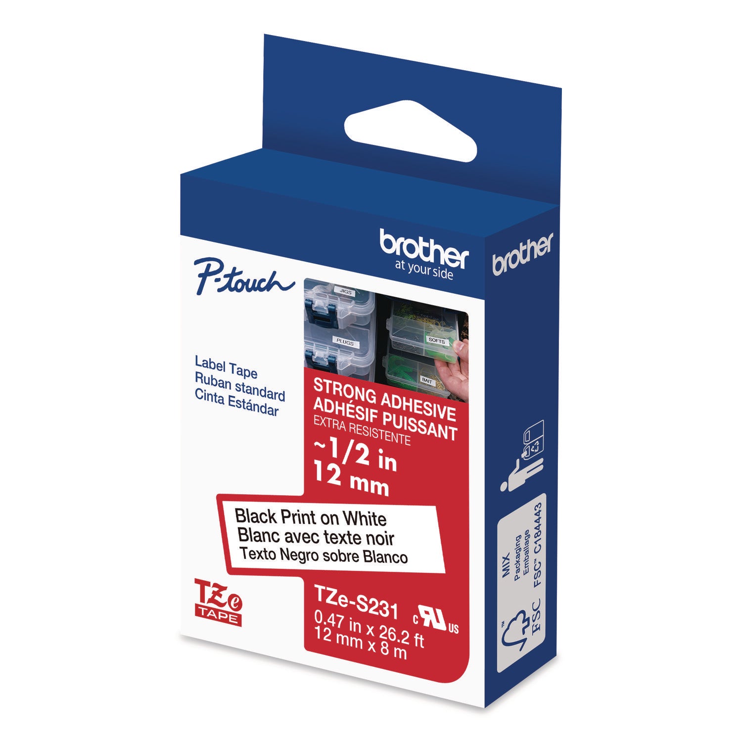Tze Extra-Strength Adhesive Laminated Labeling Tape, 0.47" X 26.2 Ft, Black On White