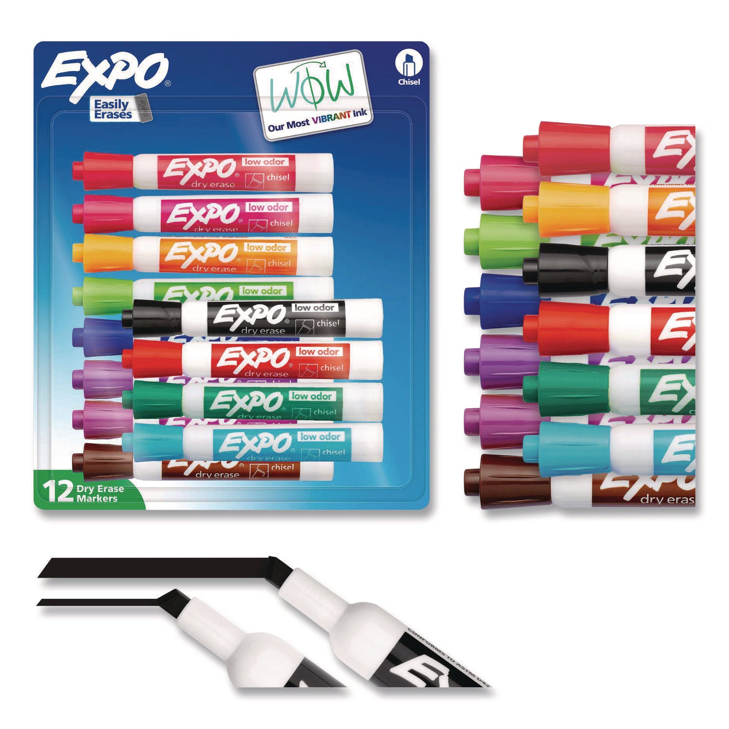 Expo Dry Erase Markers, Chisel Tip, Assorted Colors, Erasable, Low Odor, 12 Pack