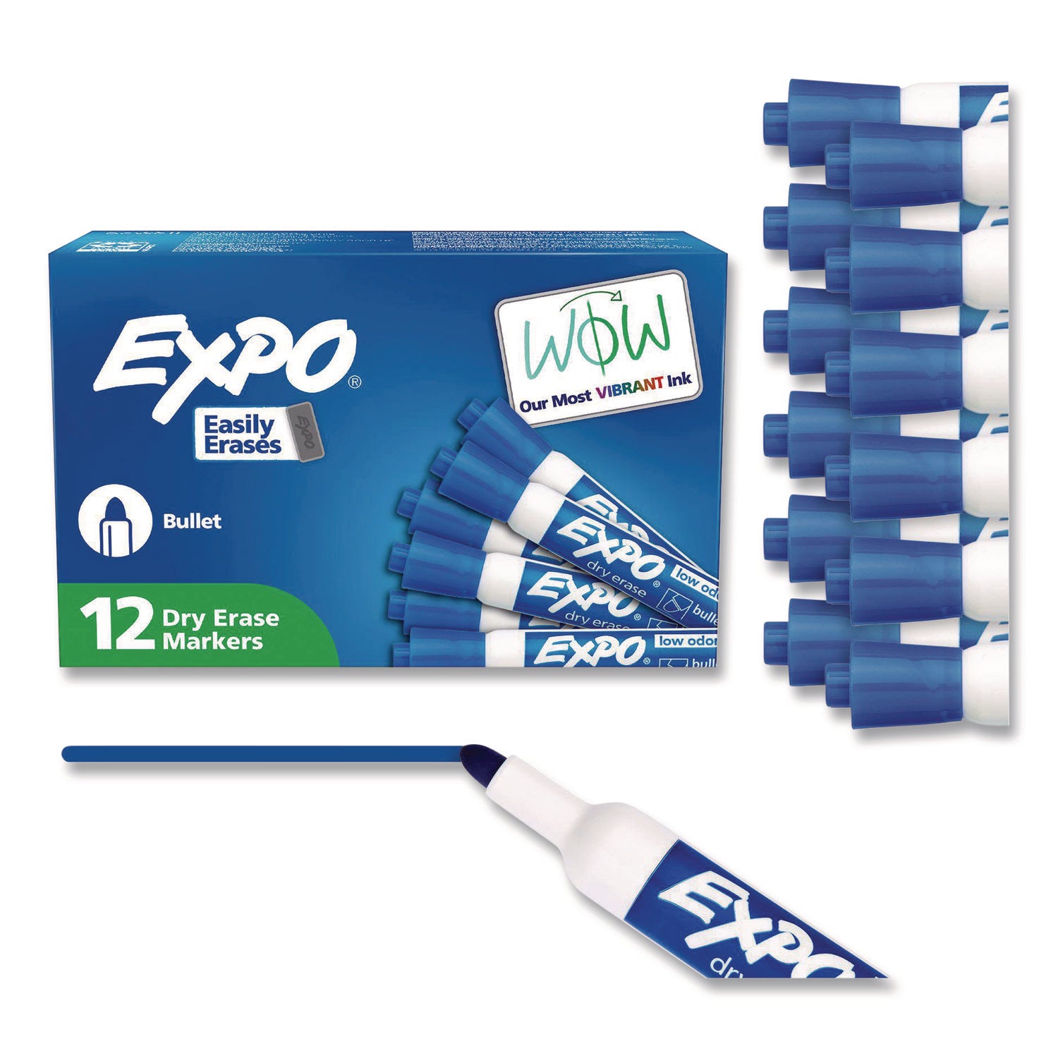 Expo Bold Color Dry-Erase Markers, Bullet Point, Blue Ink, Erasable, Low Odor, 1 Dozen
