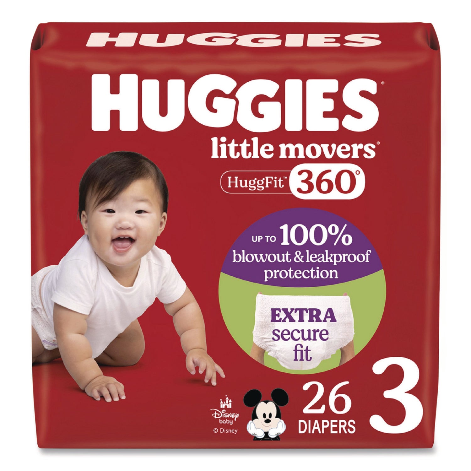 Little Movers Huggfit 360 Degree, Size 3, 16 Lbs To 28 Lbs, Disney Design, 26 Diapers/Pack, 4 Packs/Carton