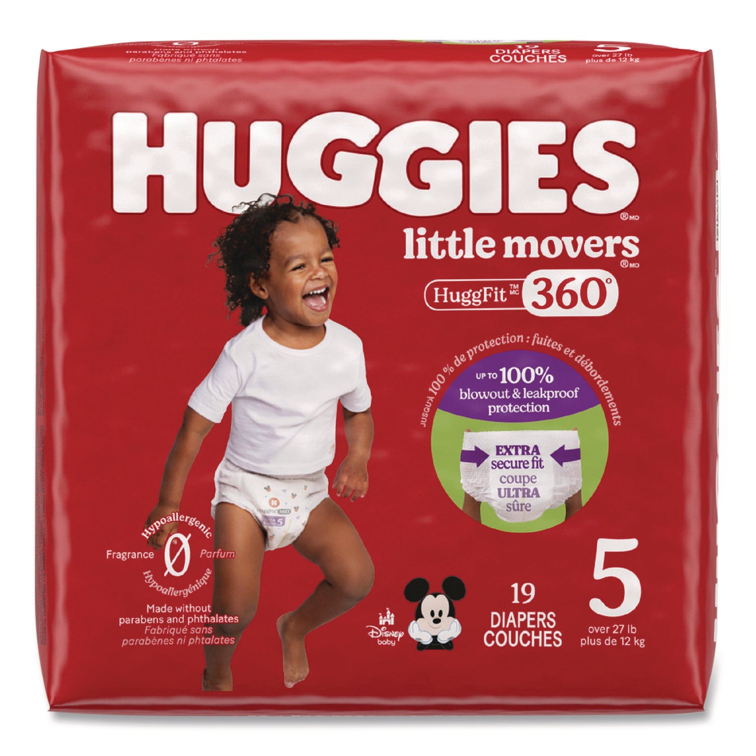 Little Movers Huggfit 360 Degree, Size 5, Over 27 Lbs, Disney Design, 19 Diapers/Pack, 4 Packs/Carton
