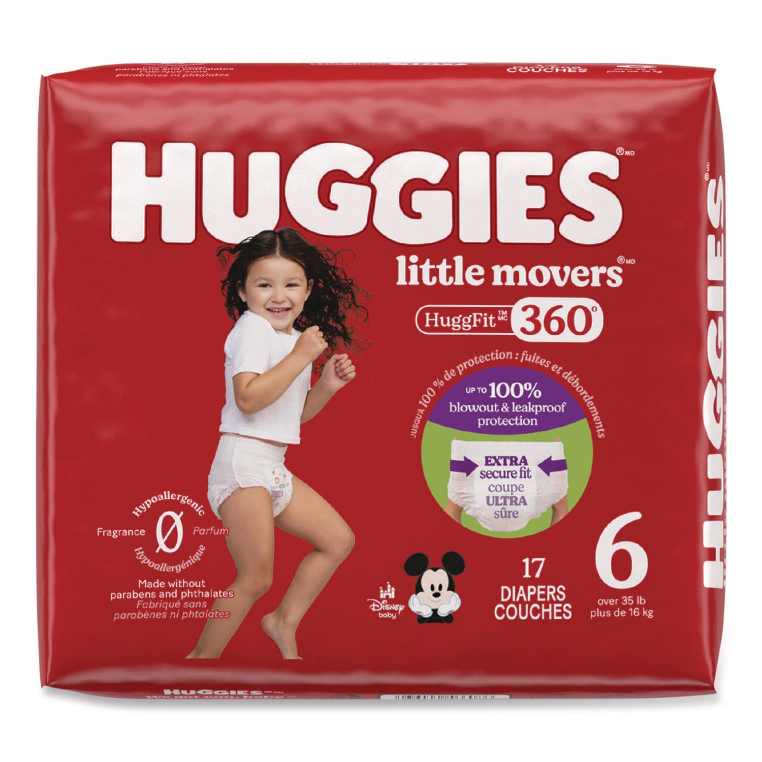 Little Movers Huggfit 360 Degree, Size 6, Over 35 Lbs, Disney Design, 17 Diapers/Pack, 4 Packs/Carton