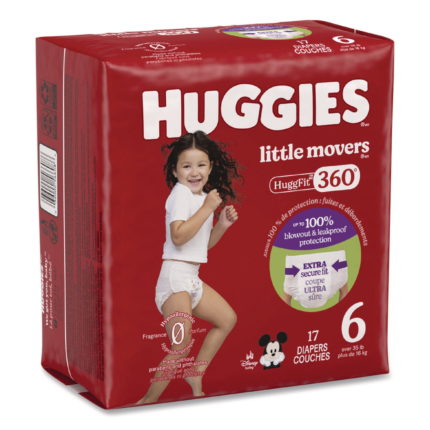 Little Movers Huggfit 360 Degree, Size 6, Over 35 Lbs, Disney Design, 17 Diapers/Pack, 4 Packs/Carton