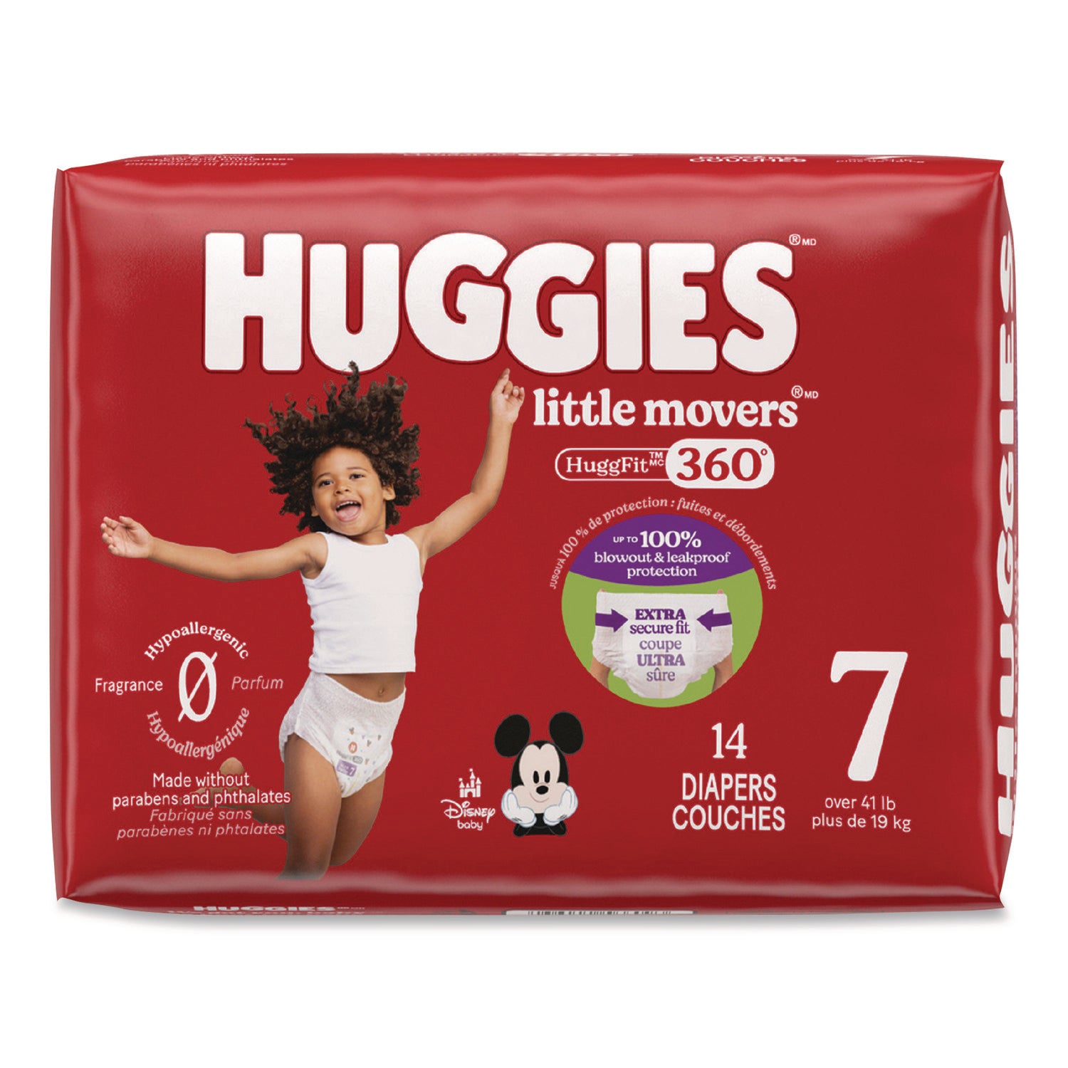 Little Movers Huggfit 360 Degree, Size 7, Over 41 Lbs, Disney Design, 14 Diapers/Pack, 4 Packs/Carton