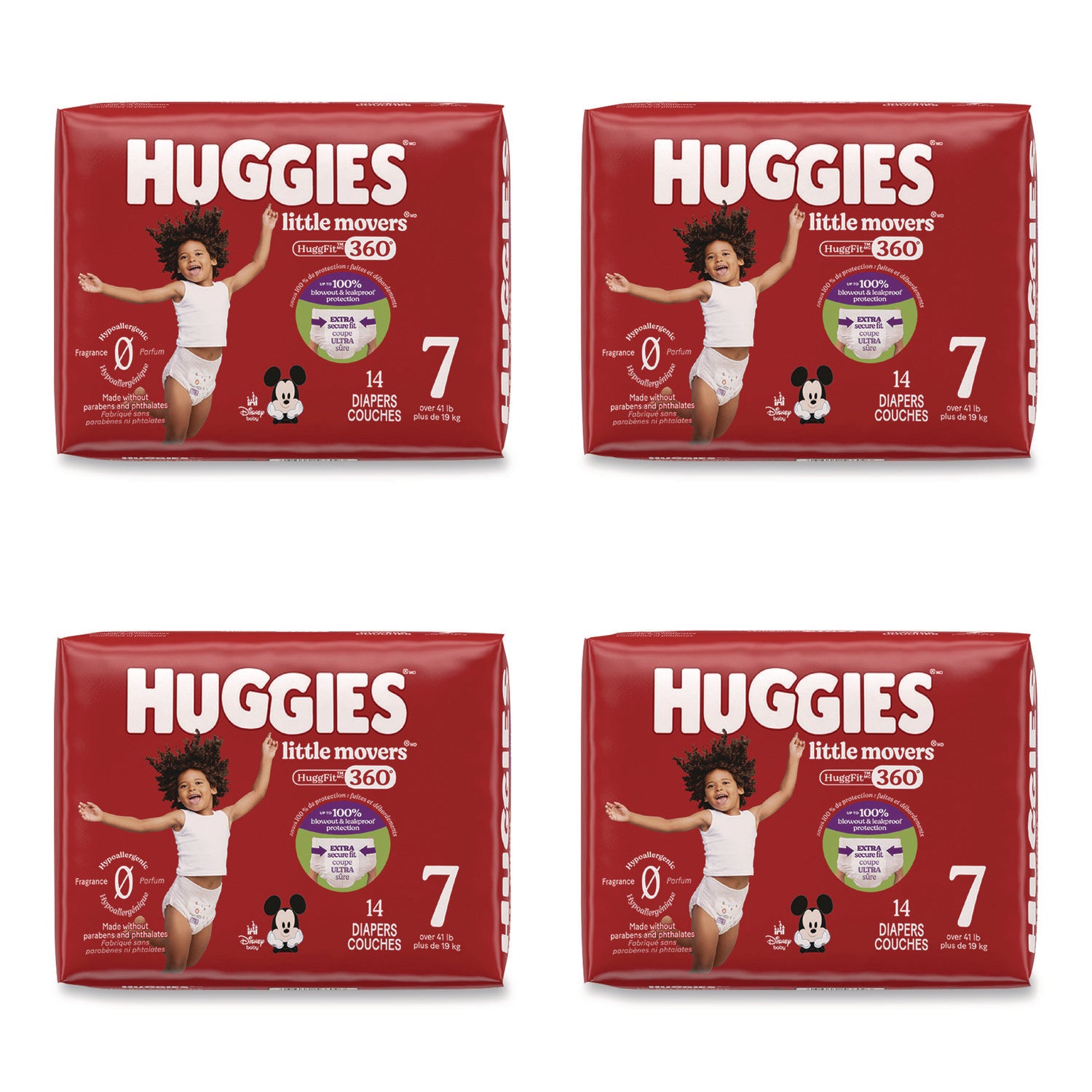 Little Movers Huggfit 360 Degree, Size 7, Over 41 Lbs, Disney Design, 14 Diapers/Pack, 4 Packs/Carton