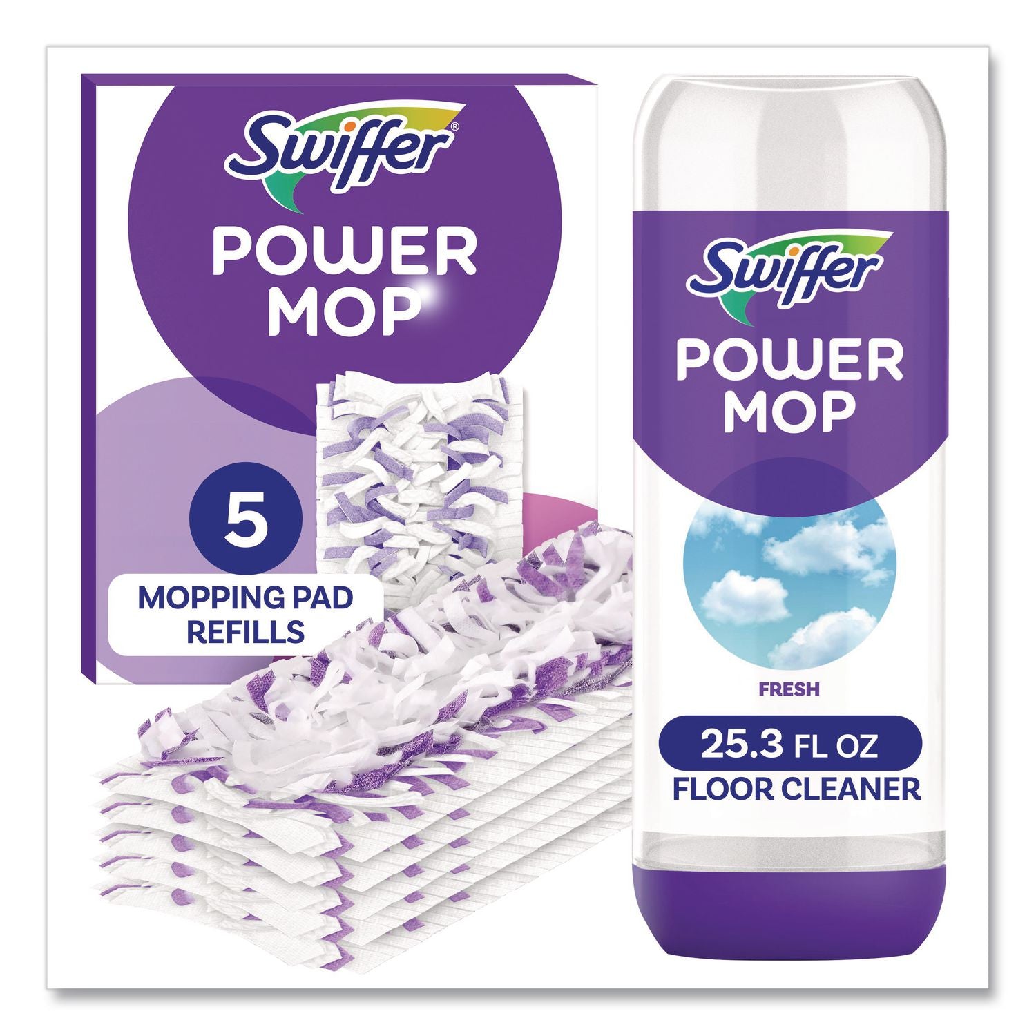 Swiffer PowerMop Refill Pack, Purple, 1 Kit (Includes Five Mopping Pad Refills and Floor Cleaning Solution)