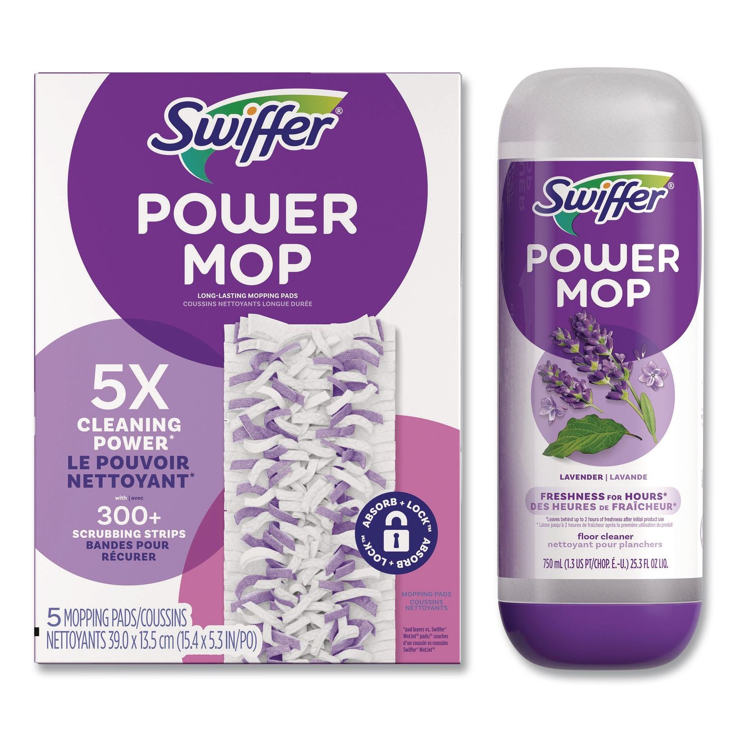 Swiffer PowerMop Refill Pack, Purple, 1 Kit (Includes Five Mopping Pad Refills and Floor Cleaning Solution)