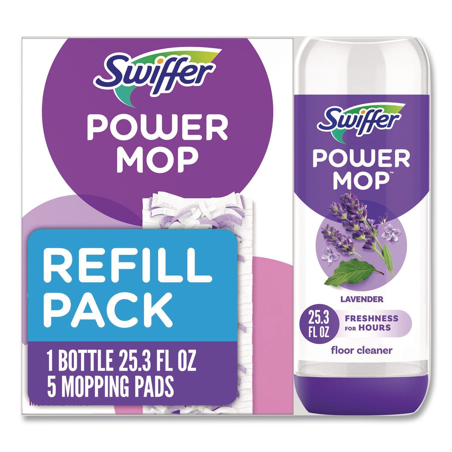 Swiffer PowerMop Refill Pack, Purple, 1 Kit (Includes Five Mopping Pad Refills and Floor Cleaning Solution)