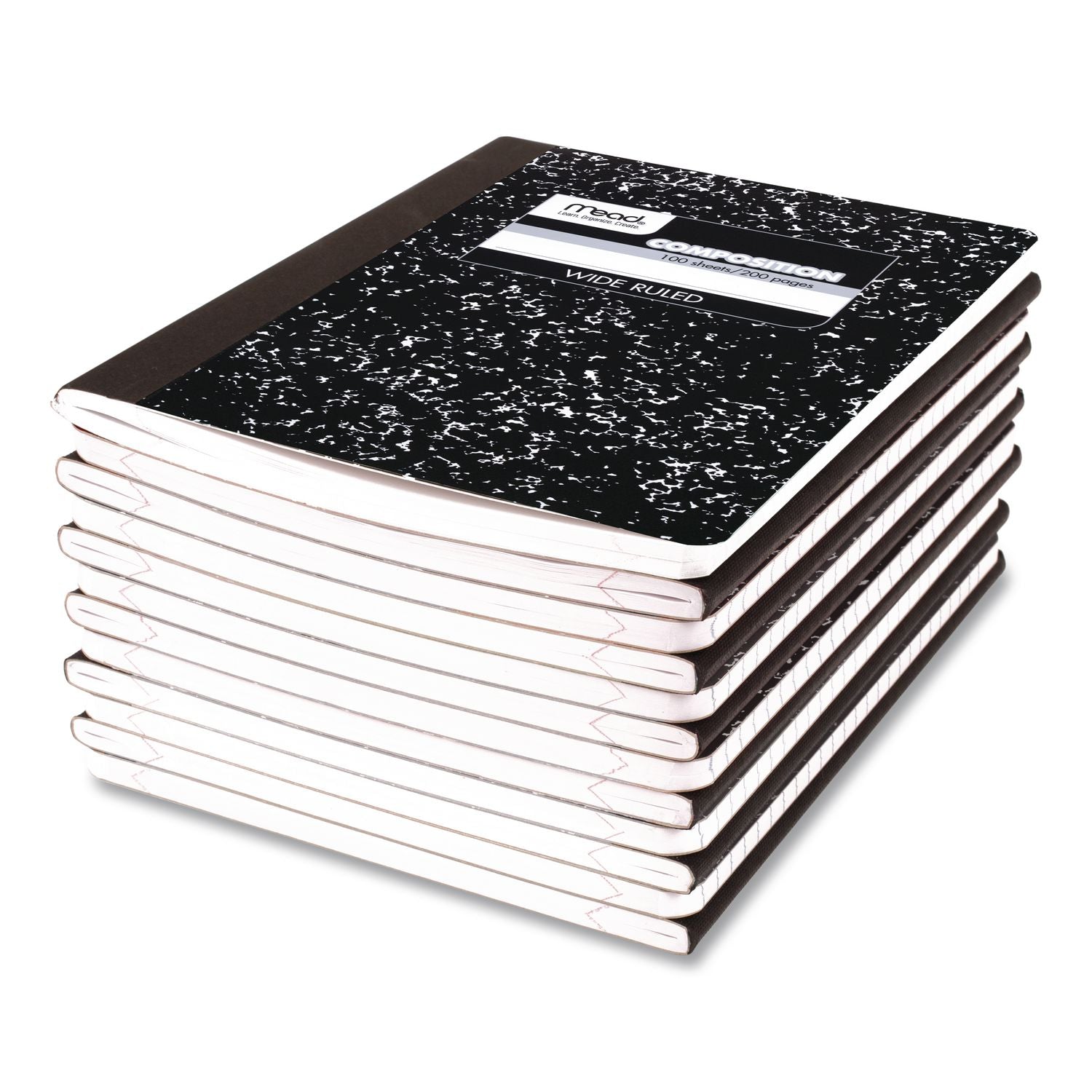 Mead Wide Ruled Composition Book, 1 Subject, 100 Sheets, 200 Pages, Sewn Binding, White Paper, Black Marble Cover, Durable, 1 Each