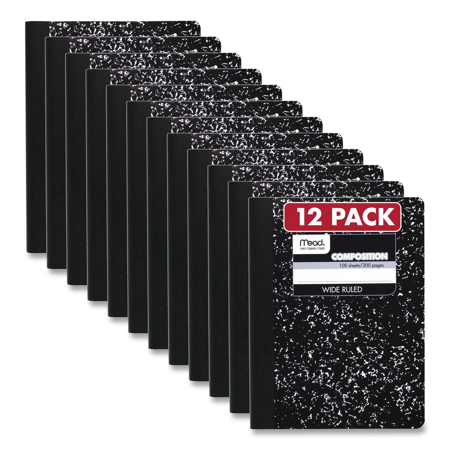 Mead Wide Ruled Composition Book, 1 Subject, 100 Sheets, 200 Pages, Sewn Binding, White Paper, Black Marble Cover, Durable, 1 Each