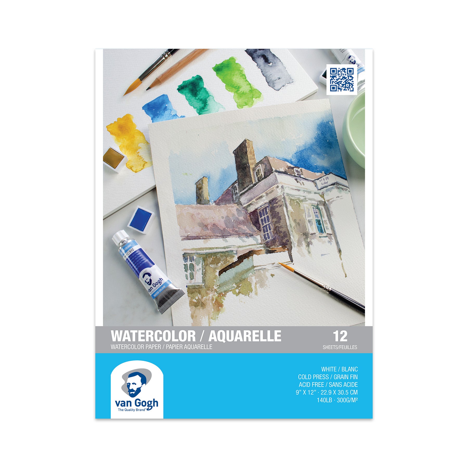 Watercolor Paper Pad, 140lbs, Cold Press, 9" x 12", 12 Sheets