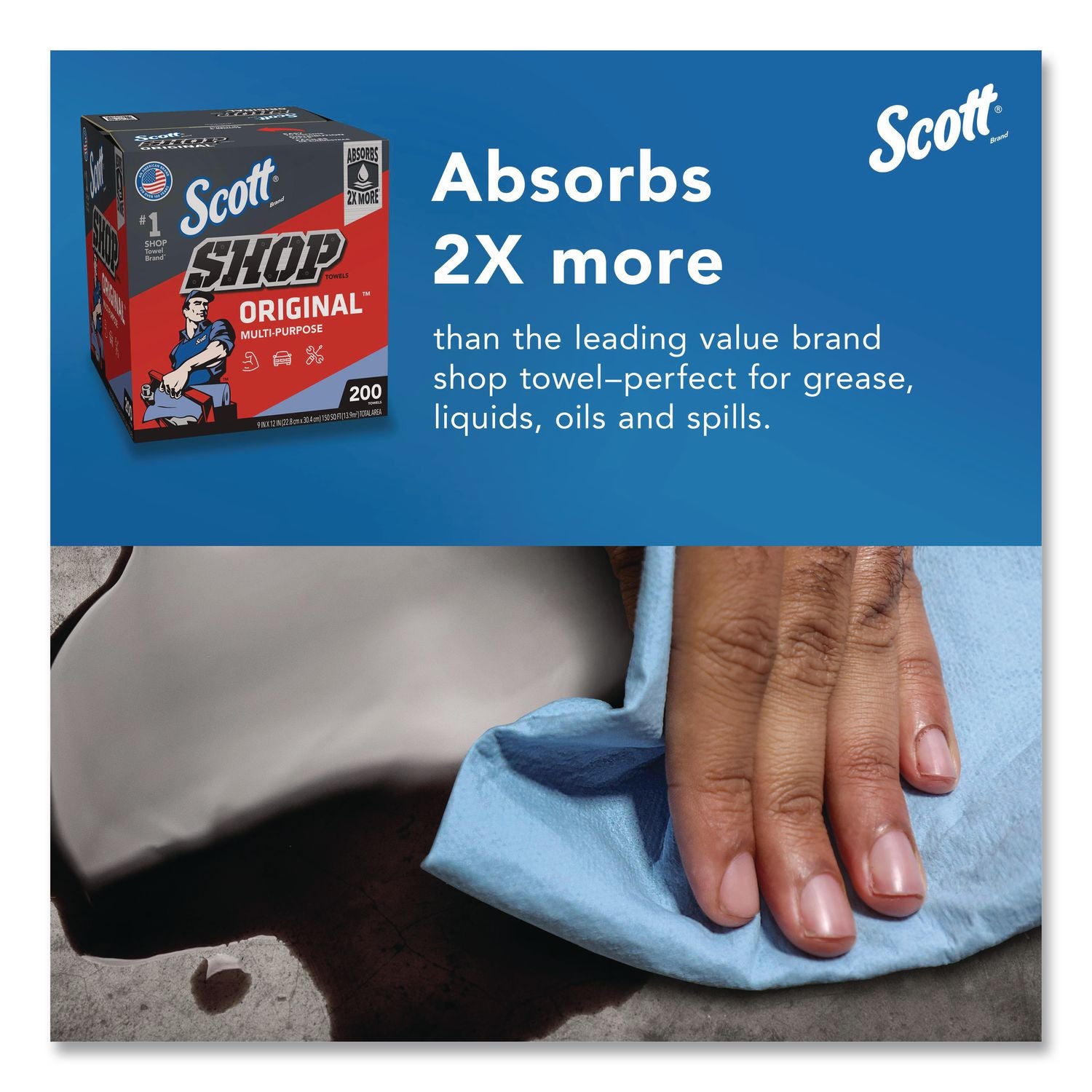 Shop Towels Original, 1-Ply, 9 X 12, Unscented, Blue, 200/Box