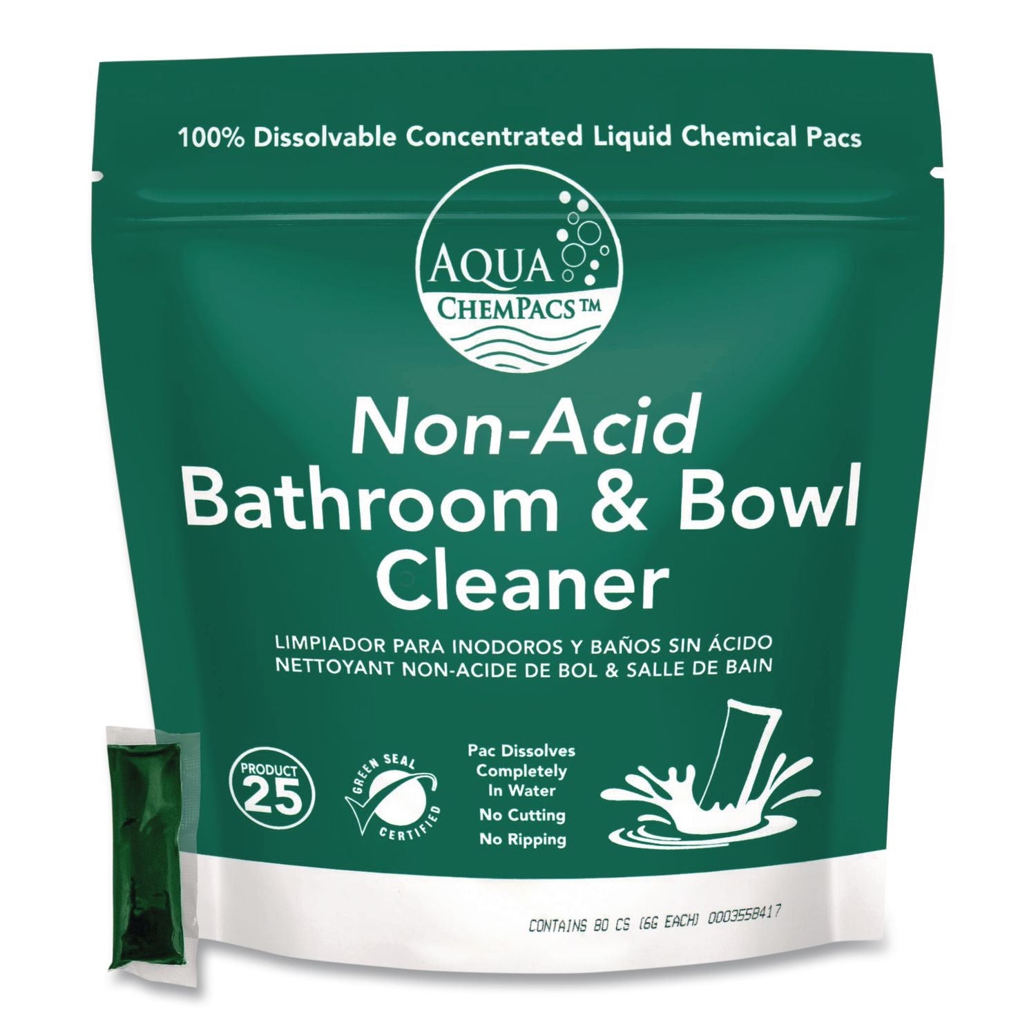 Aqua Chempacs Non-Acid Bathroom And Bowl Cleaner, Lavender Scent, 6 G Packets, 80 Chem Pacs/Pack, 4 Packs/Carton