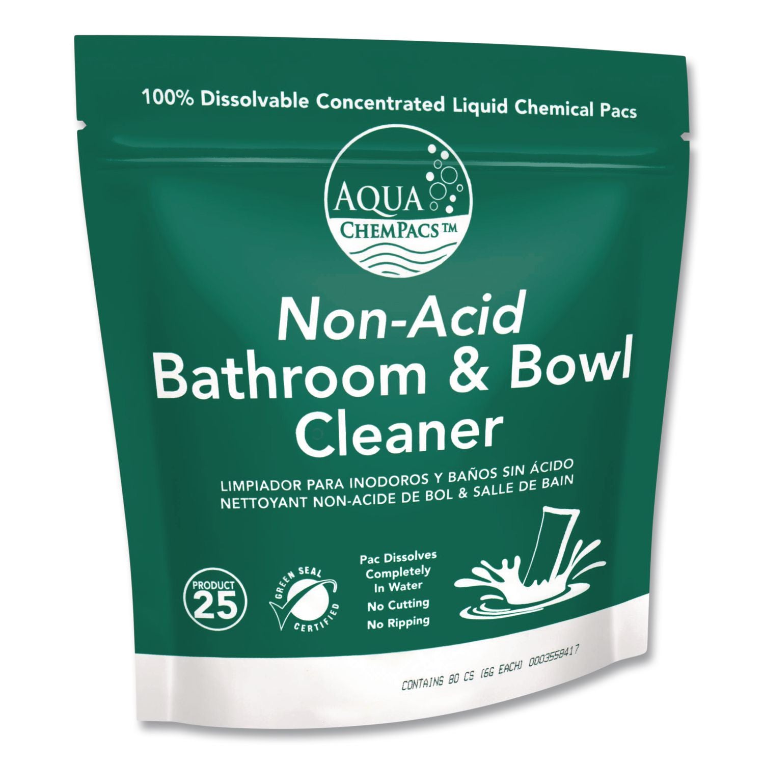 Aqua Chempacs Non-Acid Bathroom And Bowl Cleaner, Lavender Scent, 6 G Packets, 80 Chem Pacs/Pack, 4 Packs/Carton