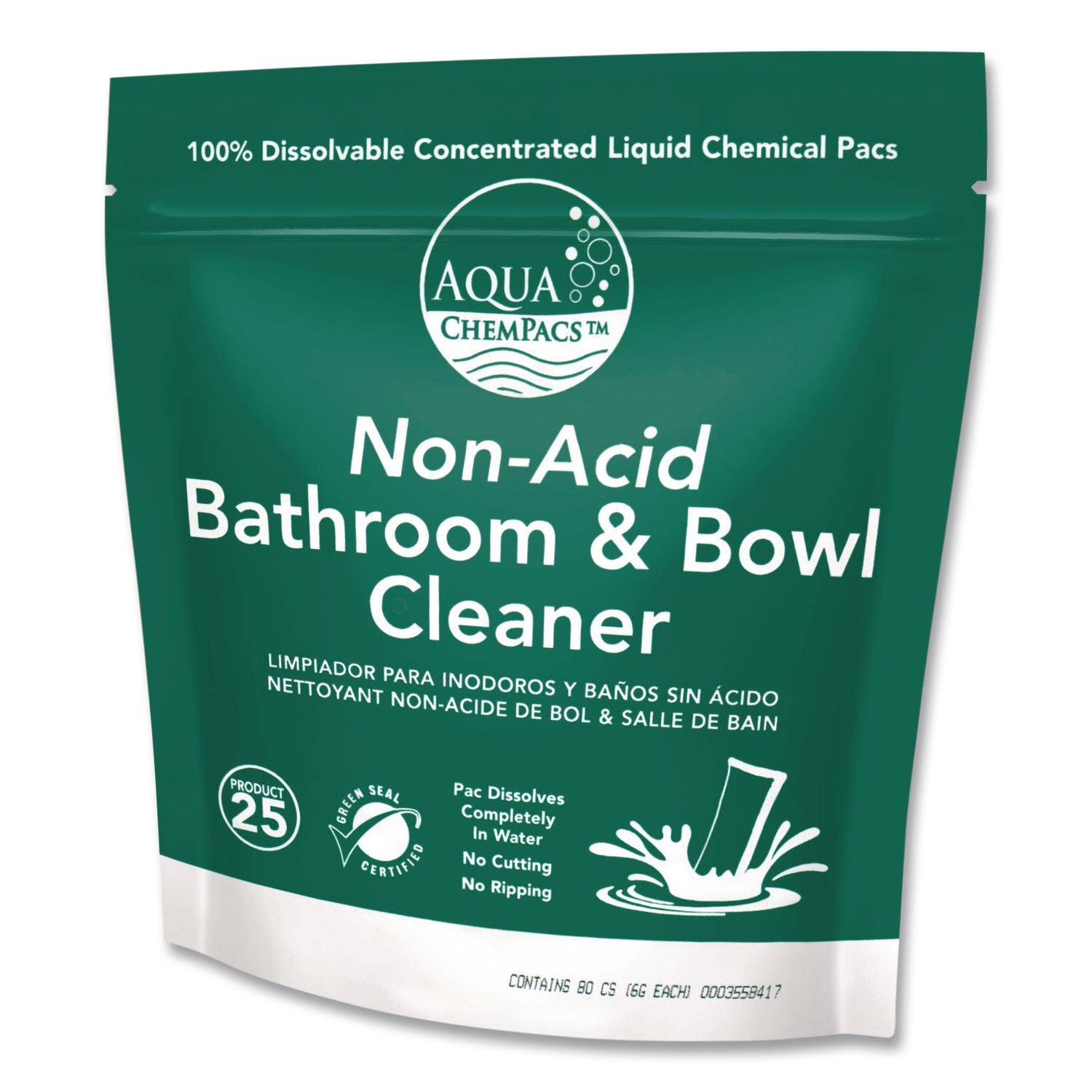Aqua Chempacs Non-Acid Bathroom And Bowl Cleaner, Lavender Scent, 6 G Packets, 80 Chem Pacs/Pack, 4 Packs/Carton