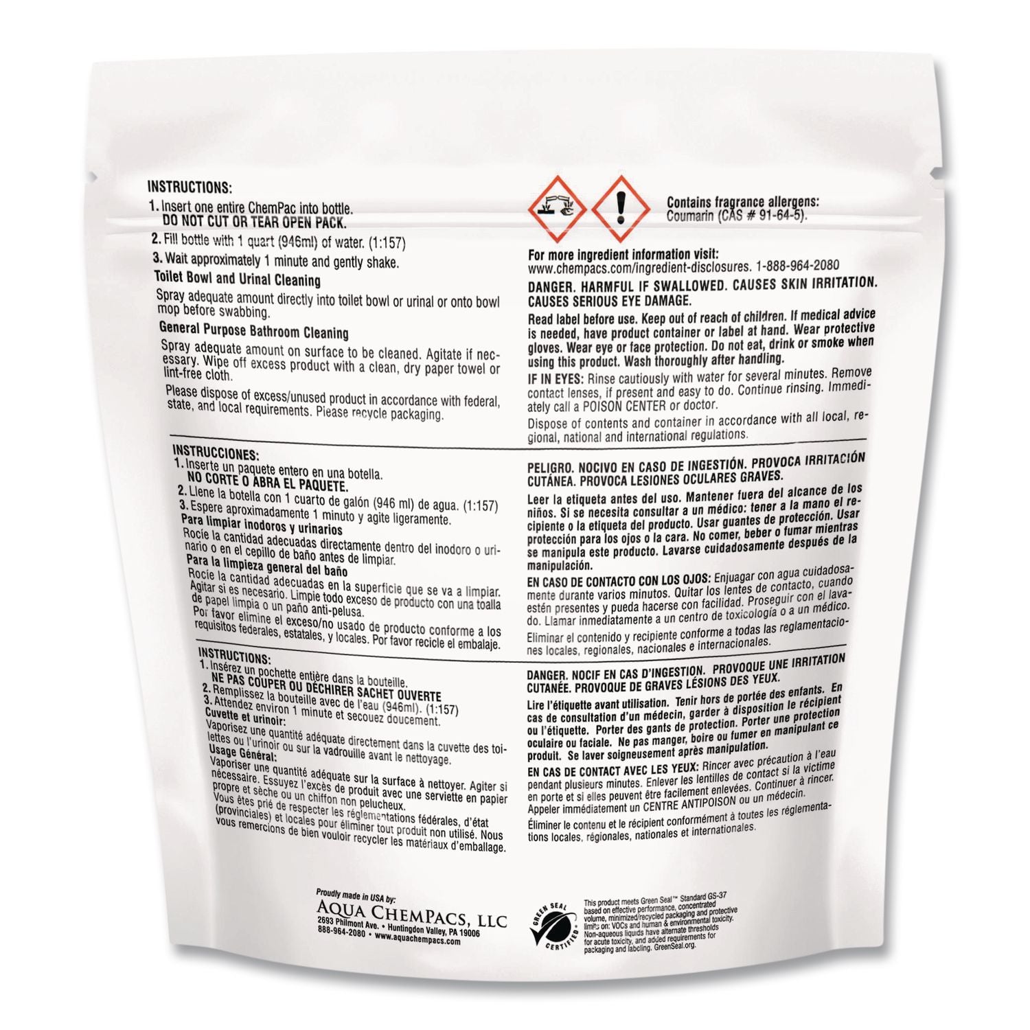 Aqua Chempacs Non-Acid Bathroom And Bowl Cleaner, Lavender Scent, 6 G Packets, 80 Chem Pacs/Pack, 4 Packs/Carton