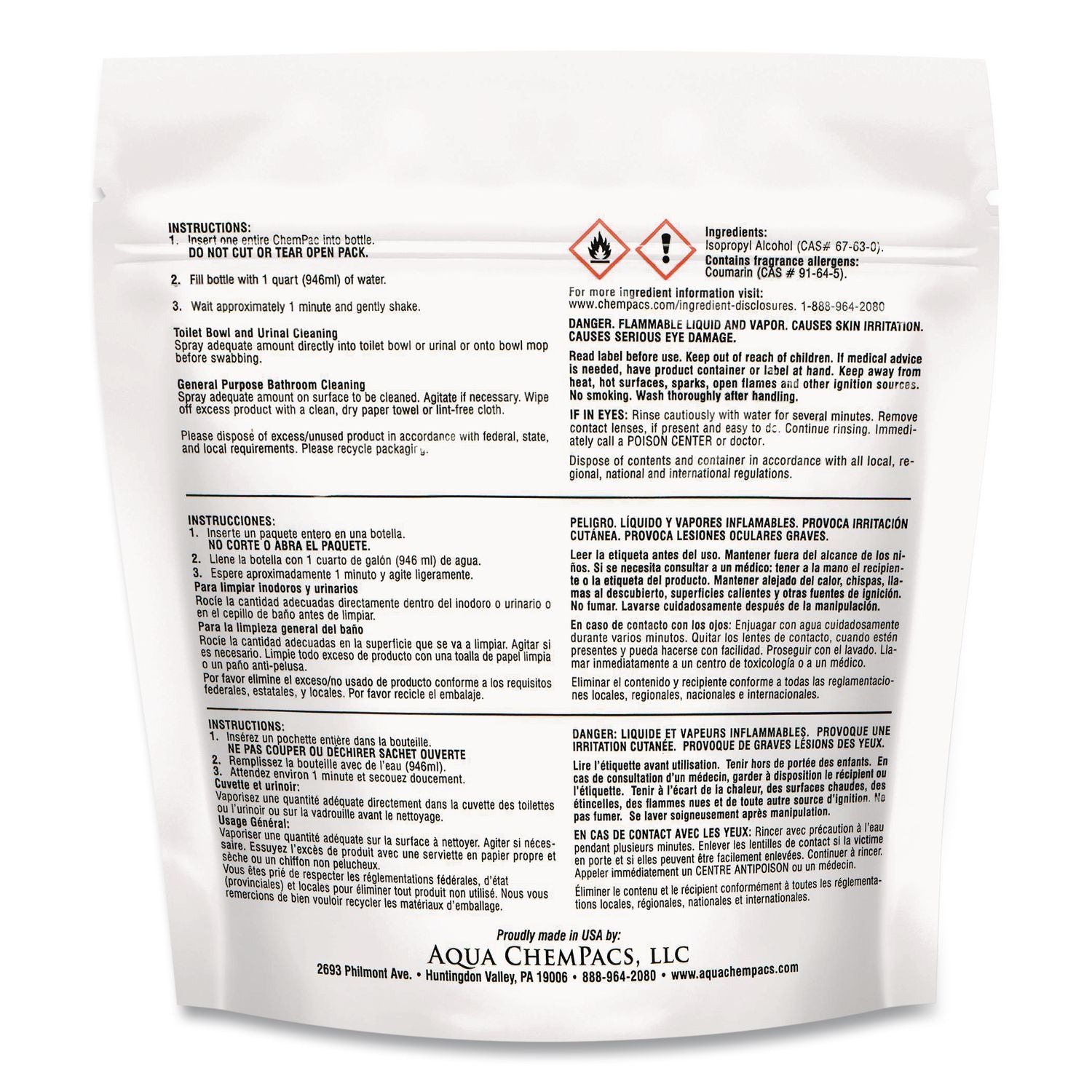 Aqua Chempacs Acidic Bathroom And Bowl Cleaner, Lavender Scent, 4 G Packets, 12 Chempacs/Bag With 1 Qt Spray Bottle