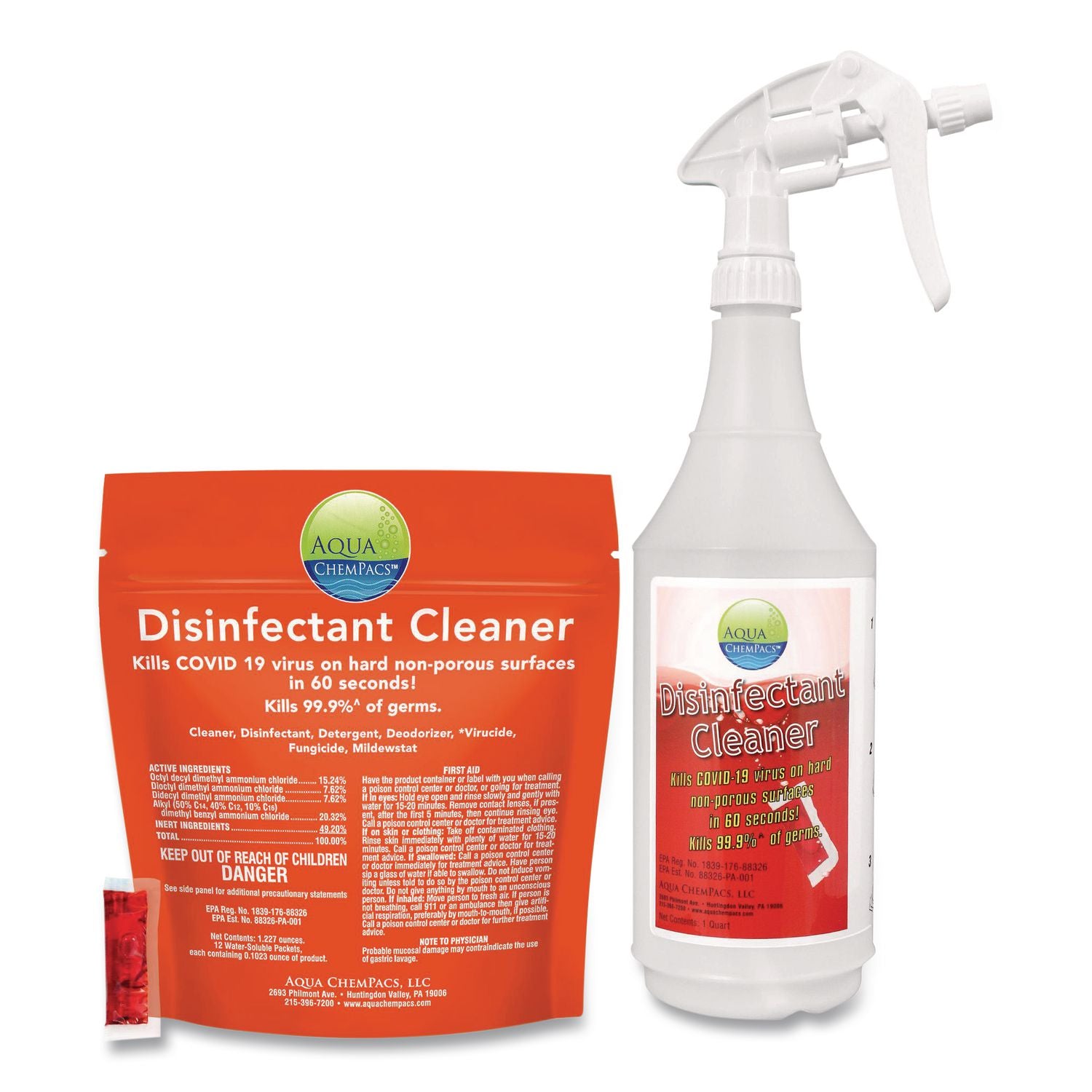 Disinfectant Cleaner, Marine Scent, 2.9 G Packets, 12 Packets/Bag With 1 Qt Spray Bottle