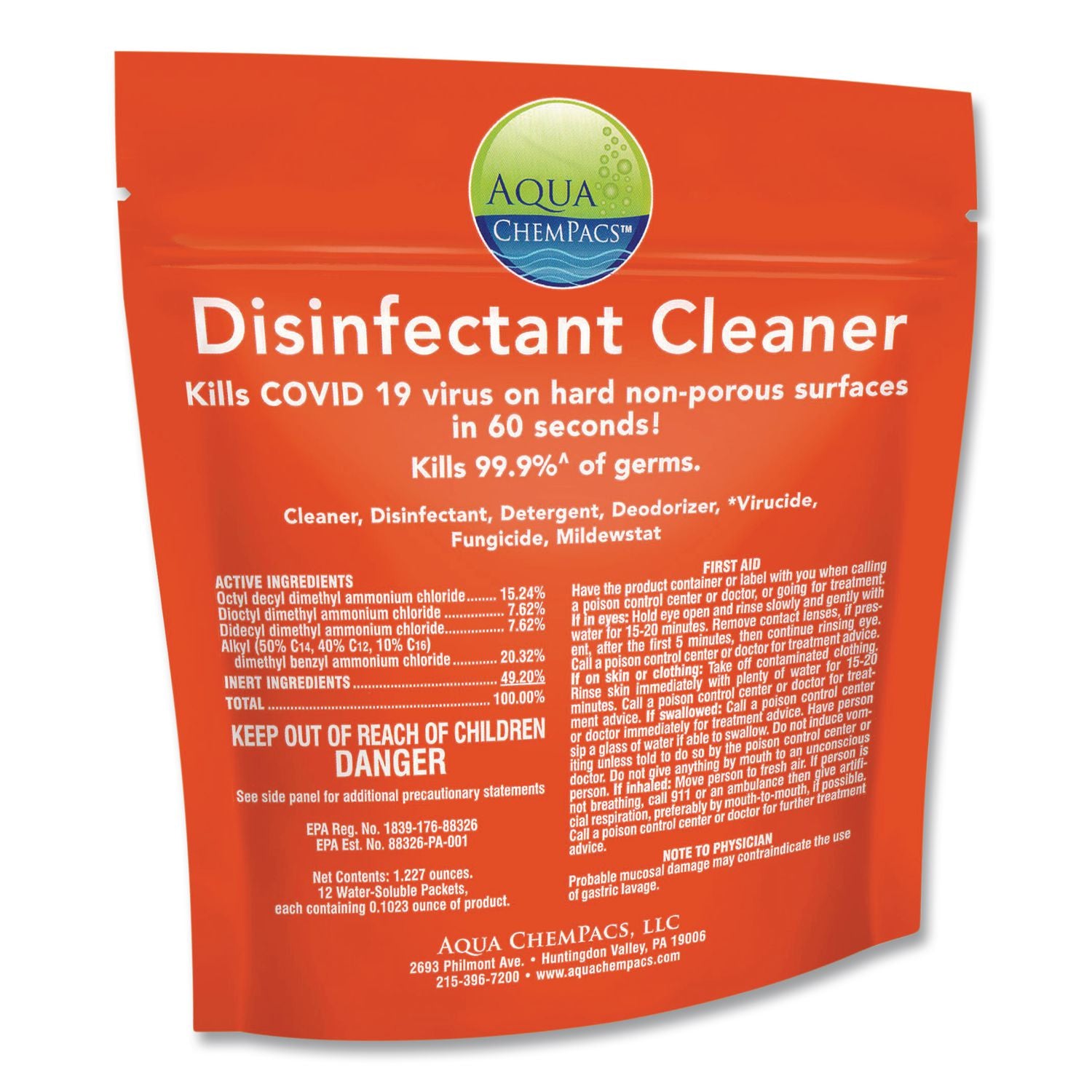 Disinfectant Cleaner, Marine Scent, 2.9 G Packets, 12 Packets/Bag With 1 Qt Spray Bottle