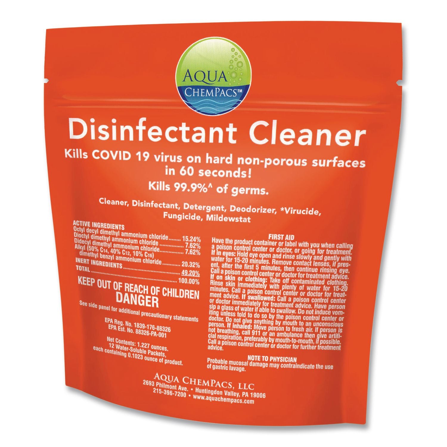 Disinfectant Cleaner, Marine Scent, 2.9 G Packets, 12 Packets/Bag With 1 Qt Spray Bottle