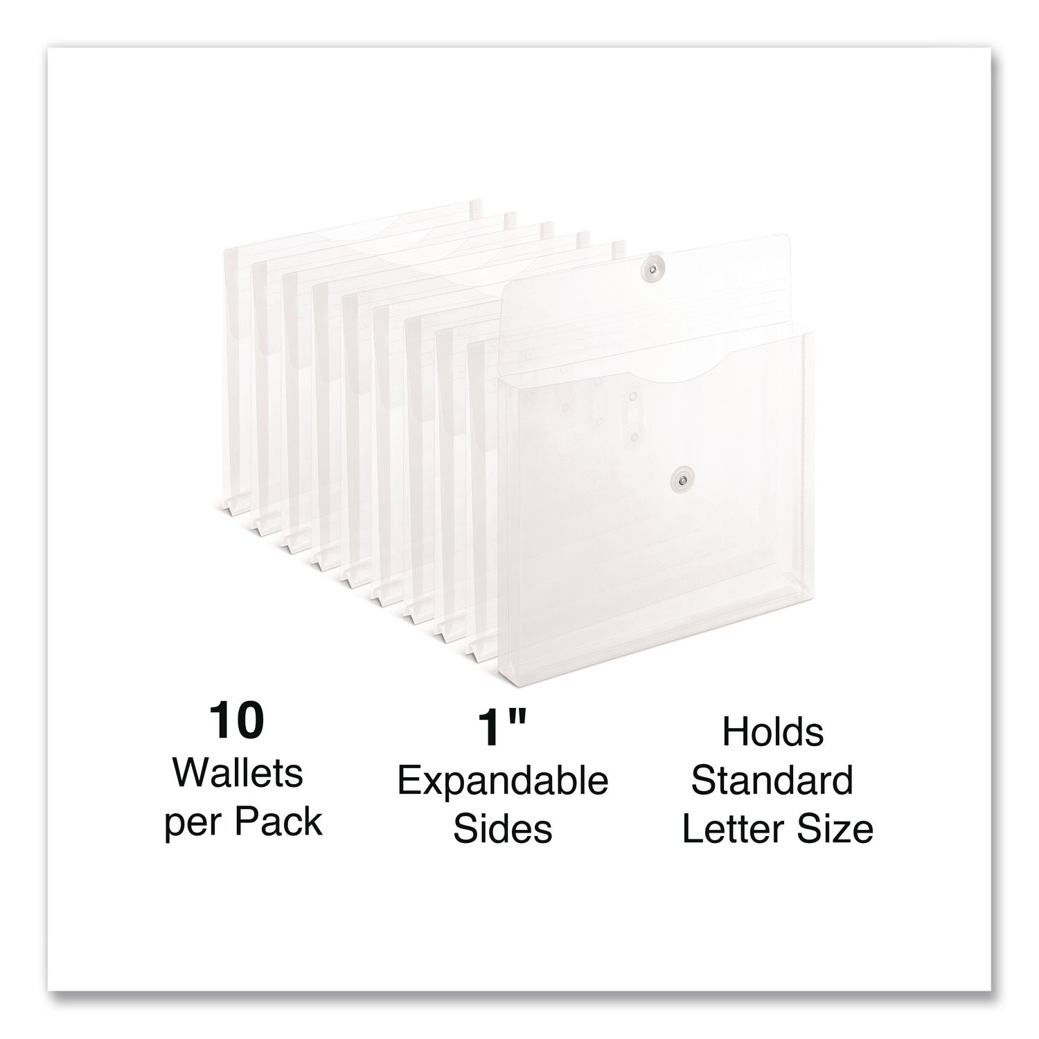 Moisture Resistant Expanding Wallet, 1" Expansion, 1 Section, String-And-Button Closure, Letter Size, Clear, 10/Pack