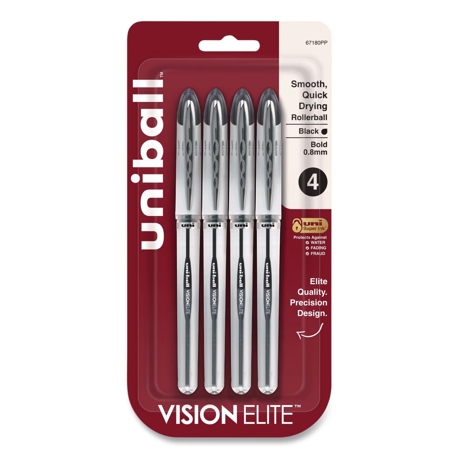 VISION ELITE Rollerball Pen, Stick, Bold 0.8 Mm, Black Ink, White/Black/Clear Barrel, 4/Pack