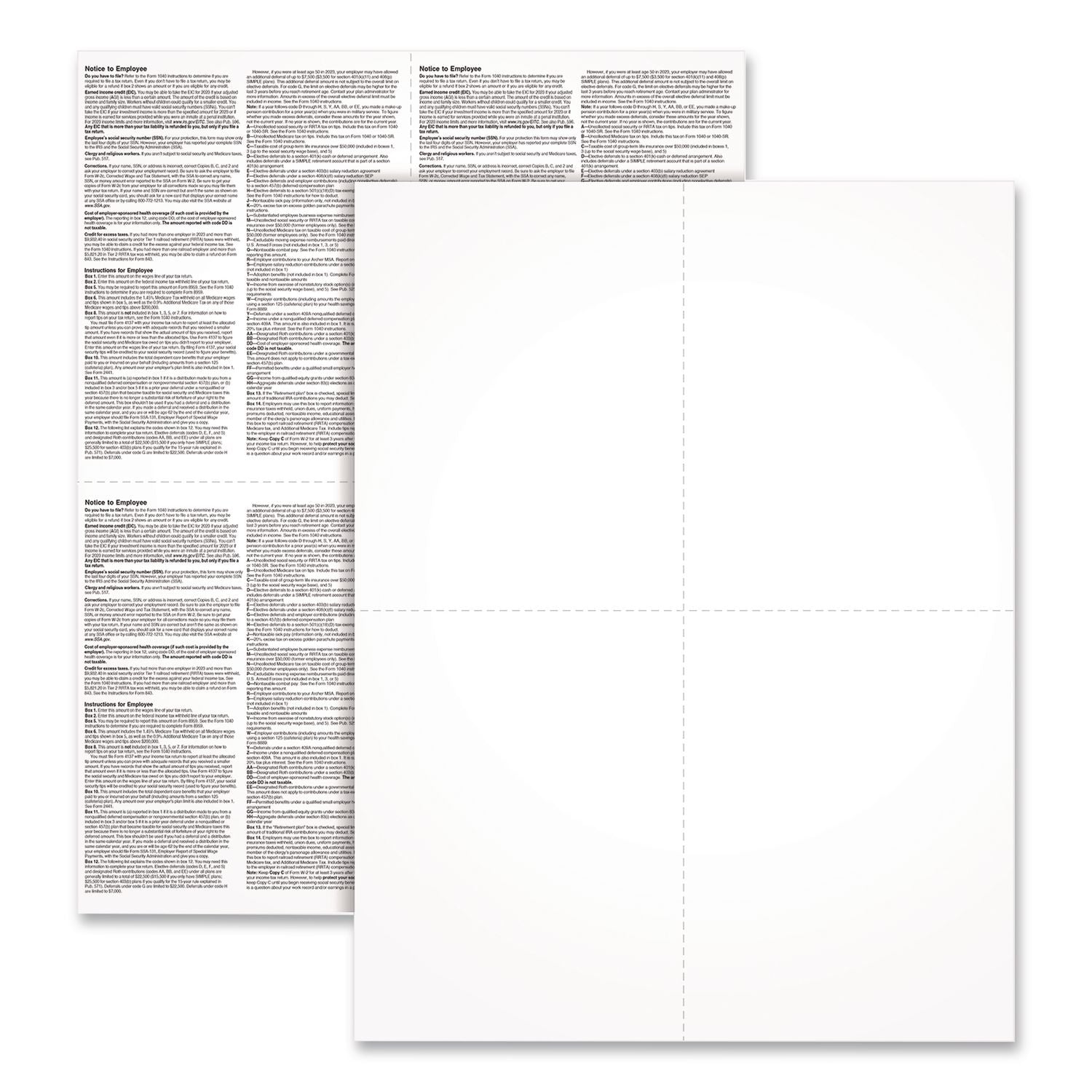 2024 W-2 4-Up Employee Copy Blank Front With Copy B And C Backers 8.5 X 3.66, 4 Forms/Sheet, 100 Forms Total