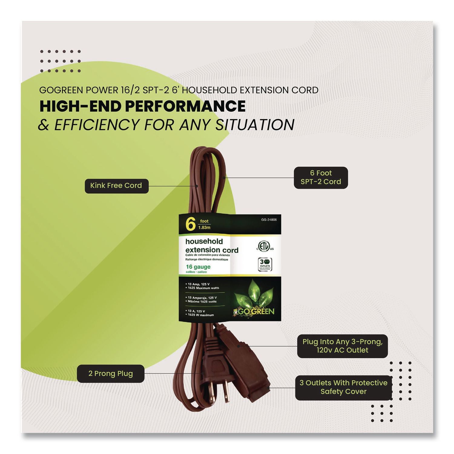 Household Extension Cord, 6 Ft, 13 A, Brown, 10/Pack