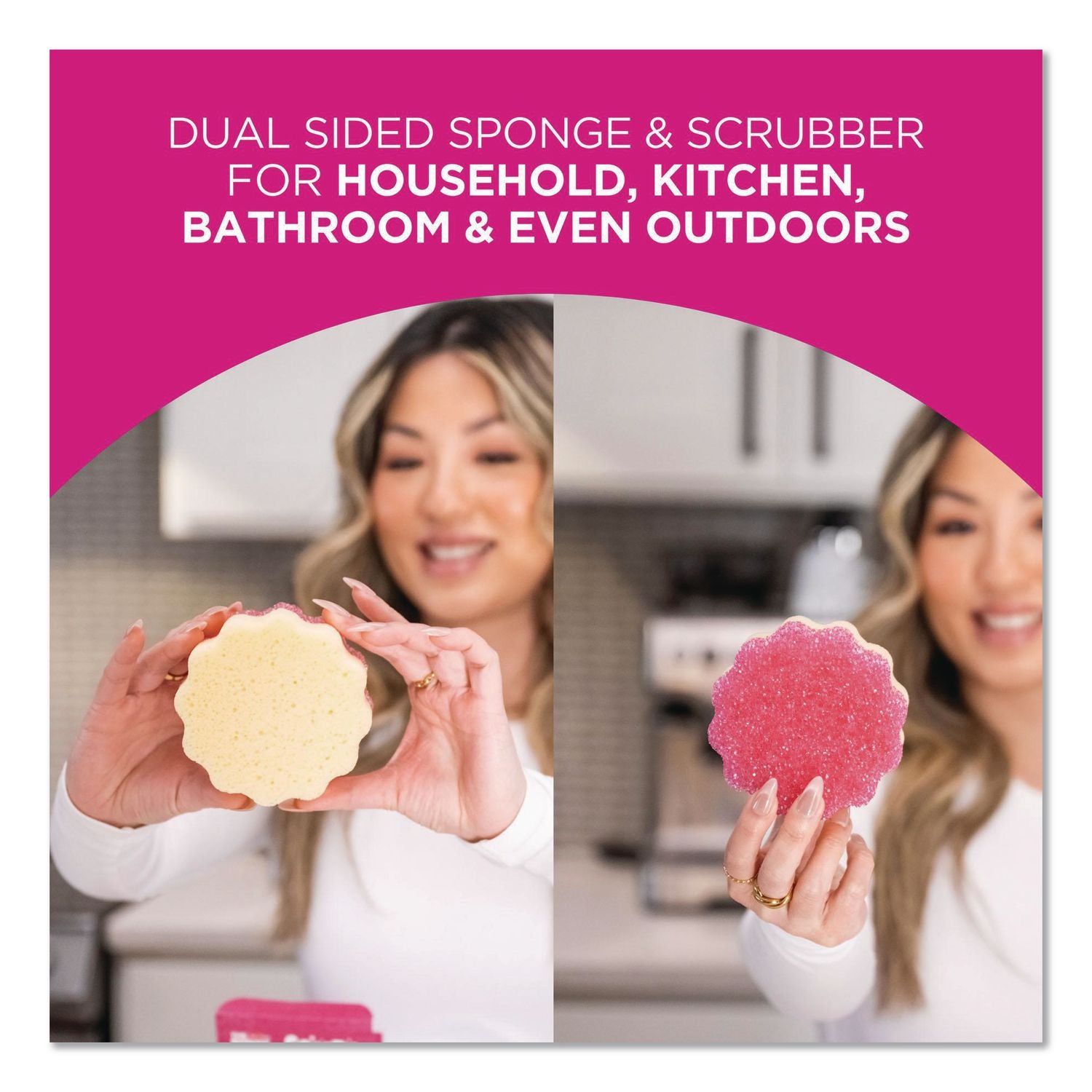Sqeezy Dual-Sided Sponge And Scrubber, 4" X 5.3", 3.8" Thick, Pink/Ivory, 12/Carton