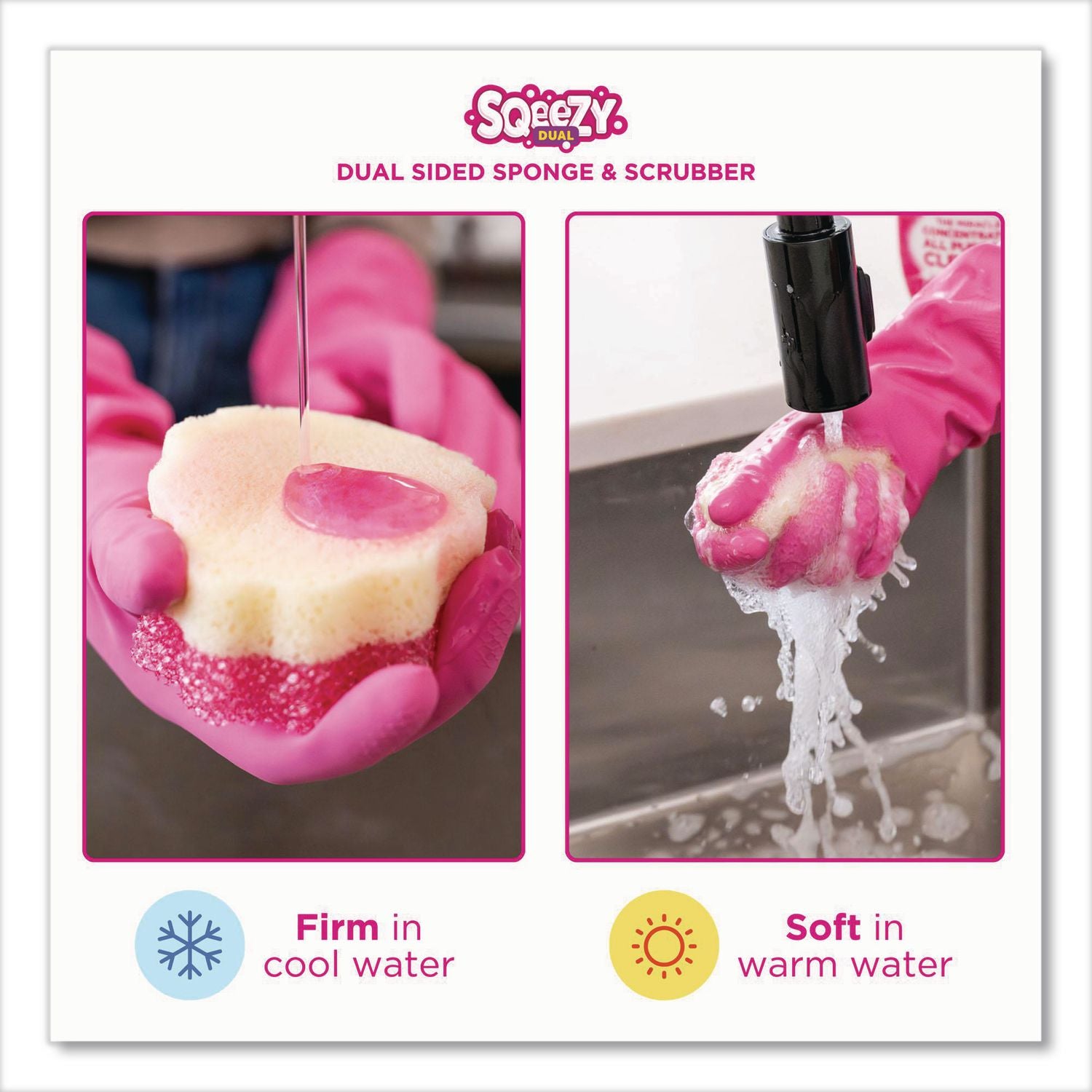Sqeezy Dual-Sided Sponge And Scrubber, 4" X 5.3", 3.8" Thick, Pink/Ivory, 12/Carton