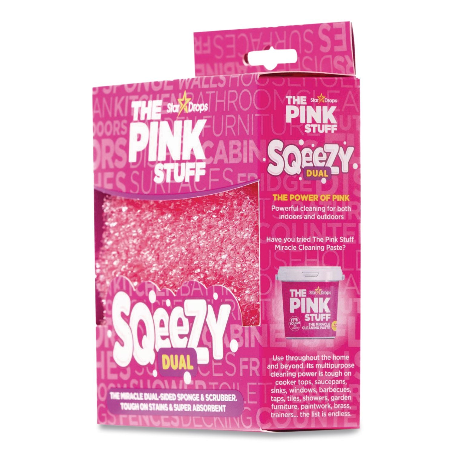 Sqeezy Dual-Sided Sponge And Scrubber, 4" X 5.3", 3.8" Thick, Pink/Ivory, 12/Carton