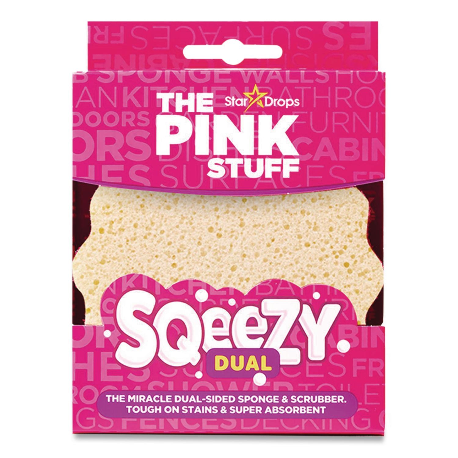 Sqeezy Dual-Sided Sponge And Scrubber, 4" X 5.3", 3.8" Thick, Pink/Ivory, 12/Carton