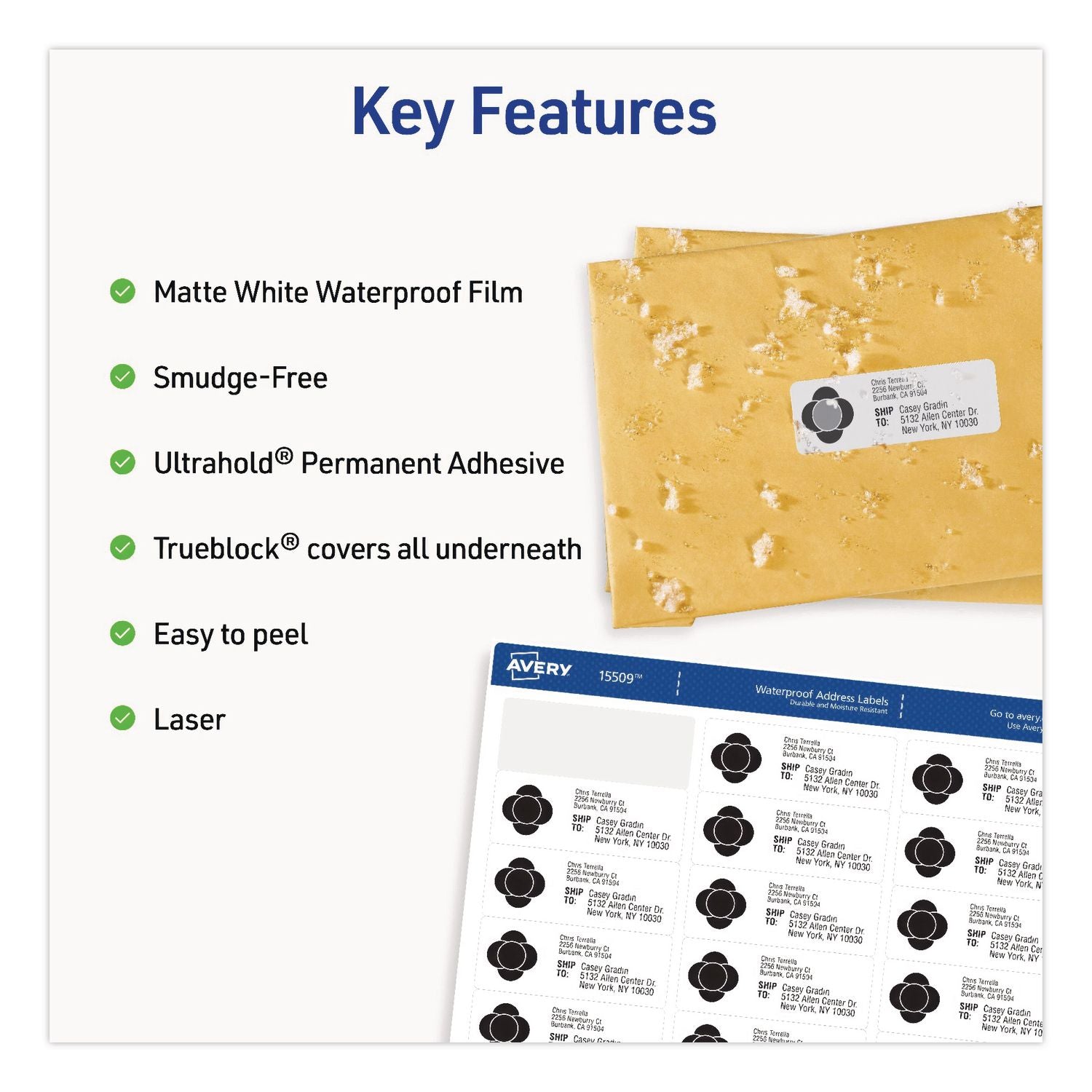 Waterproof Film Address Labels With Sure Feed Technology, Laser, 1 X 2.63, White, 30/Sheet, 10 Sheets/Pack
