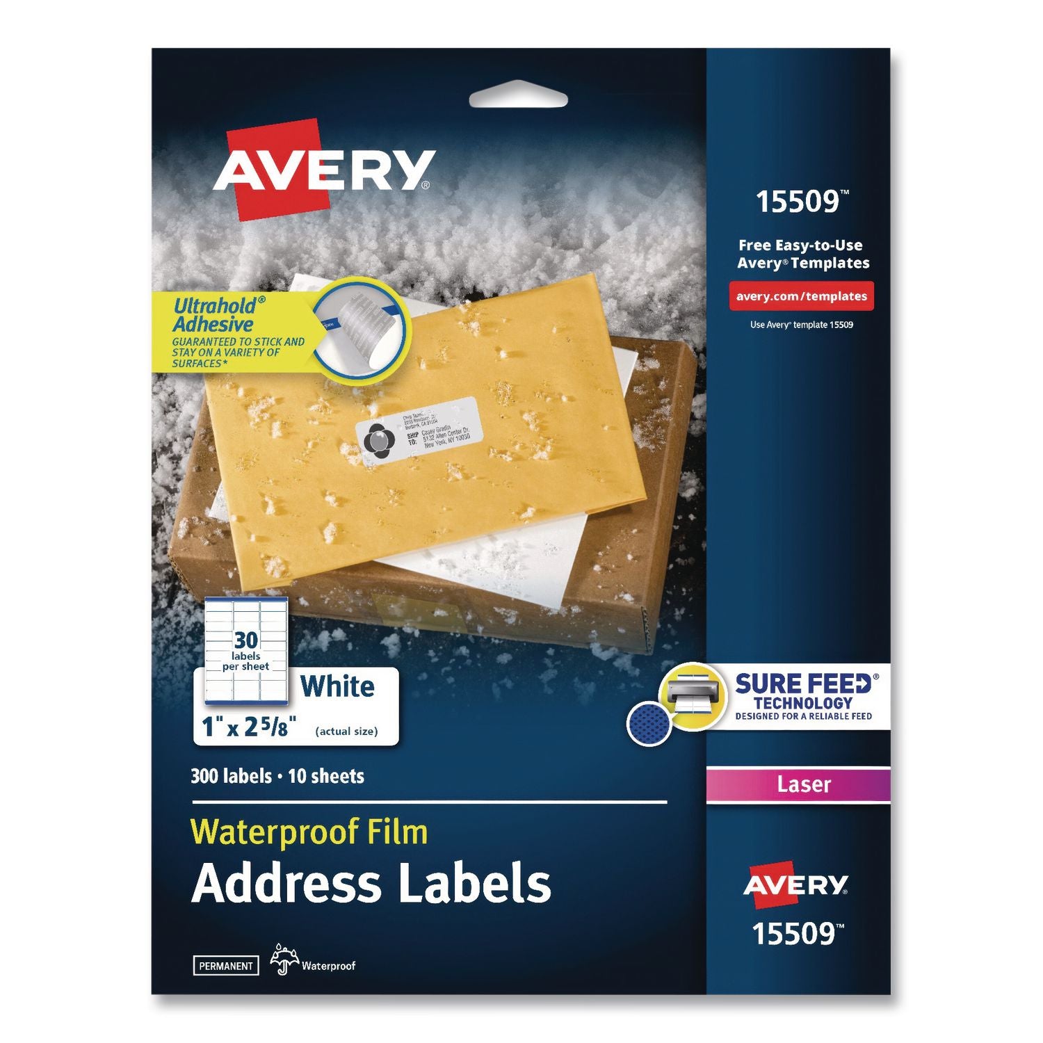 Waterproof Film Address Labels With Sure Feed Technology, Laser, 1 X 2.63, White, 30/Sheet, 10 Sheets/Pack